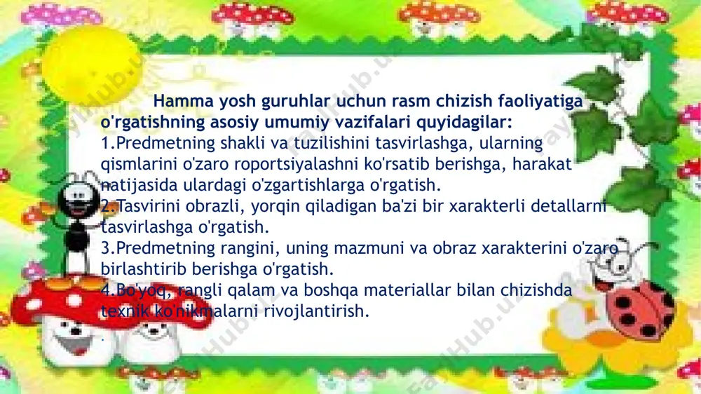 ning belgilarini, hajmini va qismlarining joylashishini o'rgatishni davom ettirish. rasmda sodda harakatlarni tasvirlashga o'rgatish. rang qobiliyatlarini rivojlantirish va mustahkamlash. qalam bilan (shtrixlash usullari) va bo'yoqlar, mo'yqalam harakatlarining usullari bilan ishlashda texnik ko'nikmalarni rivojlantirish. rangli bo'rlar, ko'mirlar, akvarel bo'yoq bilan chizish usullarini o'rgatish. tayyorlov guruhida mazmunli rasm chizishga o'rgatishning mazmuni va vazifalari. katta guruhda bolalar orqali egallangan ko'nikma va malakalar tarbiyachiga 6-7 yoshli bolaga o'rgatish vazifalarini murakkablashtirish imkoniyatini beradi. buning uchun quyidagilar kerak. bolalar rasmlarining mazmunini boyitish uchun berilgan mavzu bo'yicha rasm sujetini bolalarni mustaqil holda aniqlashga o'rgatish. sujetda harakat natijasida predmetning shaklini o'zgartirishga o'rgatish (masalan, engashishni, yugurishni). kompozitsion qobiliyatlarni rivojlantirish; predmetlarning joylashishi, yaqindagilarni qog'ozning pastiga, uzoqdagilarni qog'ozning tepasiga (o'lchamlarini o'zgartirmasdan) joylashtirish. ranglarni farqlash qobiliyatlarini rivojlantirish, mustaqil holda sujetga mos rangni berishga o'rgatish. bu yoshda bolalarning analitik fikrlashi yaxshi rivojlangani uchun tarbiyachi berilgan mavzuga mos mazmunni mustaqil holda tanlashga bolalarga imkoniyat yaratib beradi. masalan, «uy qurish» mavzusi bo'lsa, bolalarning o'zlari qanaqa …