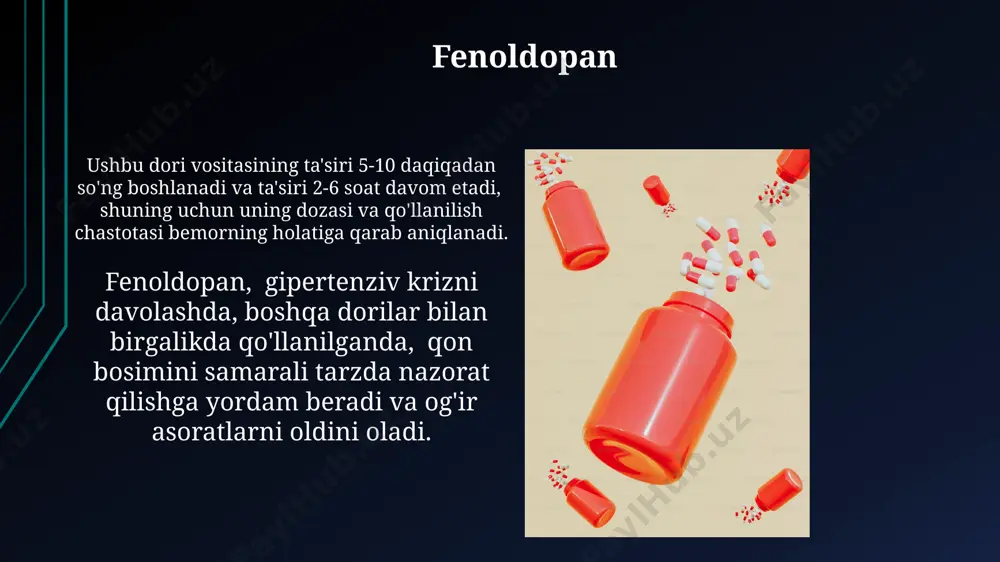 izda bemorlarda 180/120 mm hg dan yuqori bosim ko'rsatkichlari, shuningdek, bosh og'rig'i, ko'ngil aynishi, qusish va ko'rish buzilishlari kabi alomatlar kuzatiladi. taxminan 50% hollarda gipertenziv krizning sababi aniqlanmaydi, qolgan hollarda esa buyrak kasalliklari, yurak yetishmovchiligi yoki endokrin kasalliklari kabi omillar sabab bo'ladi. e'tiboringiz uchun rahmat @taqdimot_robot image1.jpg image2.jpg image3.jpg image4.jpg image5.jpg image6.jpg image7.jpg image8.jpg image9.jpg image10.jpg image11.jpg image12.jpg image13.jpg image14.jpg image15.jpg