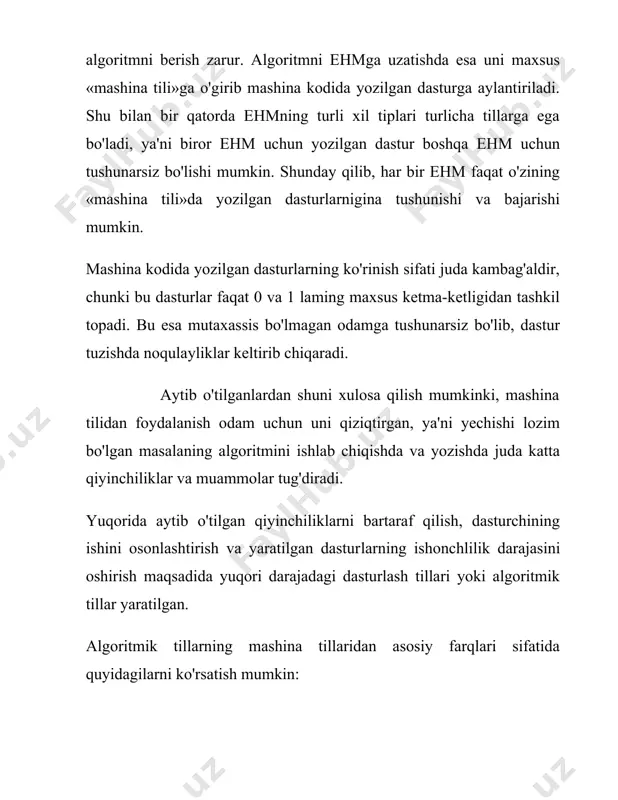 lay va ham tushunarlidir. lekin bu uslubda ham ma'lum kamchiliklar ko'zga tashlanadi: — algoritmni ortiqcha ko'p so'zli va uzun deyish mum­kin; — bir xil ma'nodagi ko'rsatmani turli xil uslublarda berish mumkinligi; — bunday erkin ko'rinishda ifodalangan algoritmni ehm tiliga o'tkazish imkoniyati kamligi. yuqoridagi kabi kamchiliklarni bartaraf qilish uchun formallashgan, qat'iy aniqlangan algoritmik tillar ishlab chiqilgan. algoritmik tillar uchta o'zakdan tashkil topadi: til alilbosi, sintaksisi va semantikasi. til alifbosi shu tilgagina tegishli bo'lgan chekli sondagi belgilardan tashkil topadi. dastur matnini yozishda faqat shu belgilardangina foydalanish mumkin, boshqa belgilarni esa til tanimaydi, ya'ni ulardan foydalanish mumkin emas. til sintaksisi alfavit harflaridan tashkil topgan bo'lib, v mumkin bo'lgan konstruksiyalarni aniqlovchi qoidalar tizimidir. mazkur tilda ifoda etilgan to'la algoritm va uning alohida hadlari shu konstruksiyalar orqali ifoda qilinadi. shunday qilib, belgilarning har qanday ketma-ketligini, hamda mazkur tilning matni to'g'riligi yoki noto'g'riligini nil sintaksisi orqali bilib olamiz. til semantikasi algoritmik tilning ayrim konstruksiyalari uchun qoidalar …