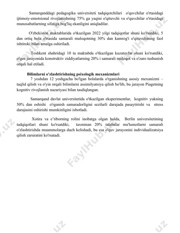 larning yuqori talablarga javob bera olmasligi va samarqanddagi maktablardagi imtihonlarga bo'lgan yuqori bosim tufayli yuzaga keladi. stressning oldini olish uchun, namanganda o'tkazilgan tadqiqotlar shuni ko'rsatdiki, maktablar 30%ga yaqin o'quvchilar uchun individual yondashuvni va qo'llab-quvvatlash dasturlarini joriy etishlari kerak. o'qituvchilarning 40%i toshkentdagi pedagogika institutlarida stress menejmenti bo'yicha yetarli tayyorgarlik ko'rmaganligi sababli o'quvchilarga samarali yordam bera olmaydilar. kommunikatsiya va o'zaro munosabatlar psixologiyasi samarqanddagi pedagogika universiteti tadqiqotchilari o'quvchilar o'rtasidagi ijtimoiy-emotsional rivojlanishning 75% ga yaqini o'qituvchi va o'quvchilar o'rtasidagi munosabatlarning sifatiga bog'liq ekanligini aniqladilar. o'zbekiston maktablarida o'tkazilgan 2022 yilgi tadqiqotlar shuni ko'rsatdiki, 5 dan ortiq bola o'rtasida samarali muloqotning 30% dan kamrog'i o'qituvchining faol ishtiroki bilan amalga oshiriladi. toshkent shahridagi 10 ta maktabda o'tkazilgan kuzatuvlar shuni ko'rsatdiki, o'quv jarayonida konstruktiv ziddiyatlarning 20% i samarali muloqot va o'zaro tushunish orqali hal etiladi. bilimlarni o'zlashtirishning psixologik mexanizmlari 7 yoshdan 12 yoshgacha bo'lgan bolalarda o'rganishning asosiy mexanizmi – taqlid qilish va o'yin orqali bilimlarni assimilyatsiya qilish bo'lib, …