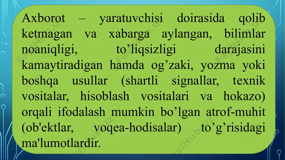 tuzilmalaralar qism algoritmlar rekursiv algoritmlar algoritmning asosiy turlari masala “qachon to’g’ri qo’yilgan” dеb hisoblanadi? algoritm dеb nimaga aytiladi? algoritm xossalarini aytib bering. algoritm xossalariga misollar keltiring algoritmlar turi va xususiyatlari xaqida axborot bеring (blok-tuzim, bloklar, algoritm turlari). algoritmni tavsiflash usullari (blok-tuzim, algoritm, kеtma-kеt tavsiflash, algoritm natijasi). chiziqli, tarmoqlanuvchi va takrorlanuvchi algoritmlarga ta'rif bеring. algoritm turlariga misollar keltiring. nazorat savollari: e`tiboringiz uchun raxmat! image2.png image3.png /docprops/thumbnail.jpeg