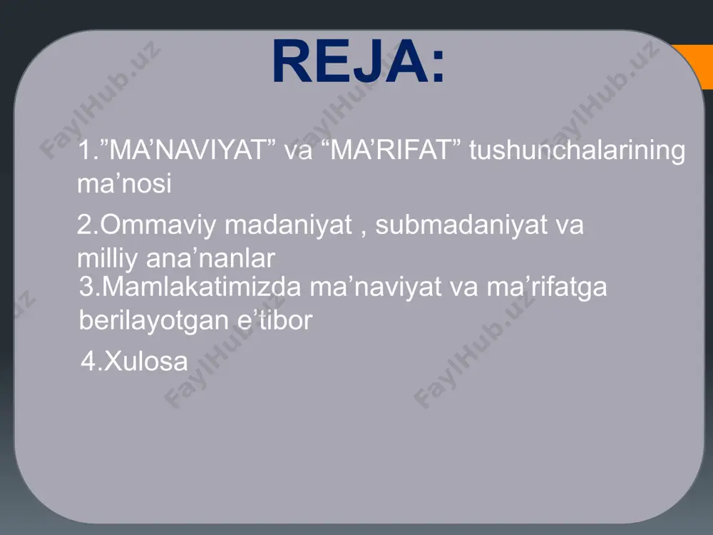 «ruhoniyat» bo‘ladi. g‘arb tillarida ham bu tushunchani ifodalaydigan atama «ruh» o‘zagidan yasaladi. www.arxiv.uz ma’naviyat - taqdirning ehsoni emas. ma’naviyat inson qalbida kamol topishi uchun u qalban va vijdonan, aql va qo‘l bilan mehnat qilishi kerak. alisher navoiy «ma’no ahli» deganda haqiqat yo‘liga kir-gan komil insonni nazarda tutgan. ma’rifat ilm, irfon va maorif demakdir. shunday ekan, ma’naviyat insonning ruhiy olami bilan chambarchas bog‘liq tushunchadir. ma’naviyat insoni-yatning, xalqning, jamiyatning, davlatning kuch-quwati ekan, binobarin, jamiyatning, insonlarning ma’naviy madaniyati qancha yuksak bo‘lsa, mamlakat shuncha tez ravnaq topadi, boshqa ijtimoiy muammolarni hal qilish osonlashadi. jahon tajribasidan ma’lumki, germaniya, yaponiya kabi mamlakatlar qazilma boyliklari, уег-suvi bilan gullab-yashnayotgani yo‘q, ular xalqining ma’rifati, aql-idroki bilan xx asrda o‘ziga xos o‘rin tutdi. ma’naviyati qashshoq xalq hech qachon boy bo‘lmaydi. o‘z huquqini bilmagan, o‘z qonunlari kuchini anglab yetmagan va tushunishni istamagan, mamlakatda ma’naviyat va ma’rifat tizimini yaxshi yo‘lga qo‘ymagan xalqning shon-shavkati oyoqosti bo‘ladi, jahon hamjamiyatidagi o‘rni yo‘qoladi. ma’naviyat tushunchasi ma’rifat …
