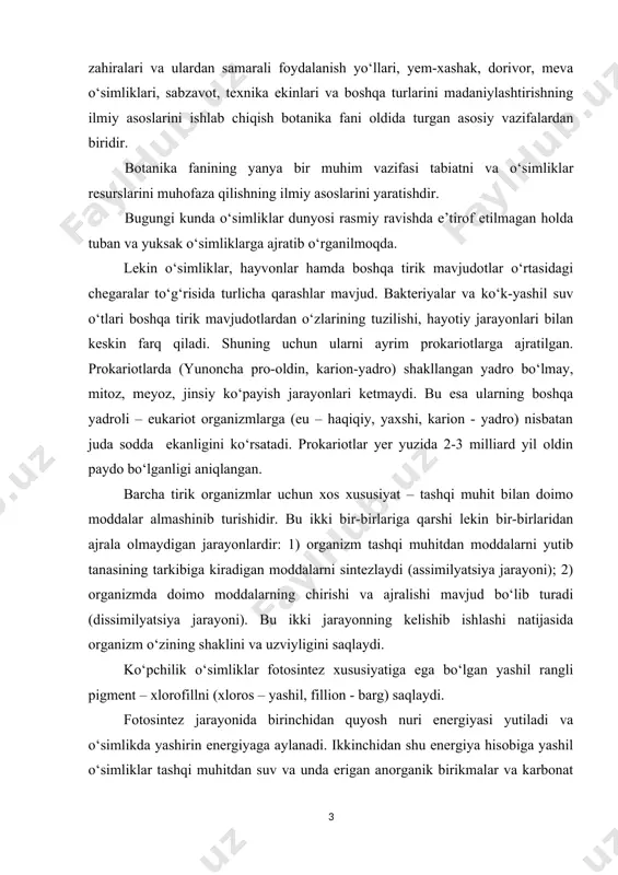 qarshi lekin bir-birlaridan ajrala olmaydigan jarayonlardir: 1) organizm tashqi muhitdan moddalarni yutib tanasining tarkibiga kiradigan moddalarni sintezlaydi (assimilyatsiya jarayoni); 2) organizmda doimo moddalarning chirishi va ajralishi mavjud bo‘lib turadi (dissimilyatsiya jarayoni). bu ikki jarayonning kelishib ishlashi natijasida organizm o‘zining shaklini va uzviyligini saqlaydi. ko‘pchilik o‘simliklar fotosintez xususiyatiga ega bo‘lgan yashil rangli pigment – xlorofillni (xloros – yashil, fillion - barg) saqlaydi. fotosintez jarayonida birinchidan quyosh nuri energiyasi yutiladi va o‘simlikda yashirin energiyaga aylanadi. ikkinchidan shu energiya hisobiga yashil o‘simliklar tashqi muhitdan suv va unda erigan anorganik birikmalar va karbonat angidridi olib, organik moddalarni sintezlaydi. bu xususiyatlariga asoslanib yashil o‘ismliklarni avtotroflar (yunon. avtos – o‘zi, trofe – oziq) organizmlar deyiladi. fotosintez vaqtida paydo bo‘lgan organik moddalarni o‘simliklar ikki xil yo‘l bilan foydalanadi: 1) tanasining tarkibiga kiradigan murakkab moddalarni hosil qilishda birlamchi material sifatida 2) nafas olganda ajralib chiqadigan energiyani hosil qilishda. avtotrof o‘simliklarga qarama-qarshi hayvonlar tanasida anorganik moddalardan organik moddalarni hosil …