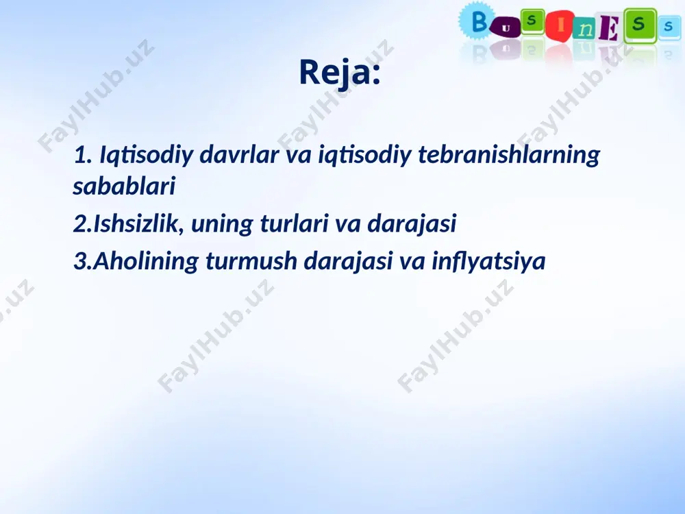 ’y beradigan o’zgarishlar deb hisoblaydilar. ularning fikricha fan-texnika yutuqlarini qo’llash natijasida iqtisodiyotda o’sish ro’y beradi. yangi texnologiyalar ishlab chiqarish unumdorligini bir necha baravar oshirish, ilgari foydalanilmagan resurslarni ishga tushirish imkonini beradi. masalan, avtomobilning yaratilishi yoqilg’i sanoati, neft qazib chiqarish, ximiya, yo’l qurilishi materiallari sanoatlarining jadal rivojlanishiga sabab bo’ldi. ishsizlik, uning turlari va darajasi makroiqtisodiy nobarqarorlikni yuzaga kelish sabablaridan biri bu ishsizlik hisoblanadi. ishsizlik – bu mehnatga yaroqli aholini ish bilan band bo’lmaslik holatini aks ettiruvchi jarayon bo’lib, uning friktsion, strukturaviy, davriy ko’rinishlari mavjud. ishdan bo’shatildingiz friktsion va strukturaviy ishsizlik darajalari birgalikda ishsizlikning tabiiy darajasini ifodalaydi. ishsizlikning tabiiy darajasi – bu shunday holatki, unda ishsizlar soni bilan bo’sh ishchi o’rinlari bir-biriga mos keladi. ishsizlikning to’liq yoki tabiiy darajasi ishchi kuchi bozori muvozanatiga erishganda, ya’ni ish izlovchilar soni bo’sh ish o’rinlari soniga teng bo’lganda vujudga keladi. ishsizlik darajasi va yaim uzilishi o’rtasidagi miqdoriy nisbatni ingliz iqtisodchisi artur ouken matematik holda isbotlab bergan. …
