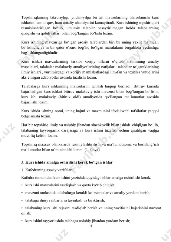 kerak: • kurs ishi mavzusini tanlashda talabaga yordam berishi; • ishning rejasini tuzishda talabaga ilmiy-uslubiy ko‘mak berishi va mavzuga oid adabiyotlarni tavsiya etishi; • reja bo‘yicha vazifalarning bajarilishini muntazam ravishda tekshirishi, ilmiy-uslubiy maslahatlar va ko‘rsatmalar berishi; • kurs ishiga taqriz berishi. 3. talabaning vazifalari talaba kurs ishni bajarish jarayonida quyidagilarni bajarishi lozim: • ishning mavzusini kafedraning talablaridan kelib chiqqan holda tanlash; • mavzuga oid o‘quv va ilmiy adabiyotlarni va statistik axborotlarni jamlashi; • ilmiy rahbari bilan kelishilgan holda tuzilgan kurs ishi rejasi asosida berilgan topshiriqlarni o‘z vaqtida bajarishi; • o‘rnatilgan tartib bo‘yicha kurs ishning hisobotini o‘z vaqtida kafedraga taqdim etish. 4. ishga tayyorgarlik 1. adabiyotlarni tanlash fanga ta'luqli bo‘lgan barcha turdagi adabiyotlarni va manbalarni ko‘rib chiqish lozim. - maxsus: - ilmiy; - ilmiy-ommabop; - ma’lumotnomalar, shu singari statistik; - umumiy. 2. adabiyotlarni o‘rganish va asosiy ma’lumotlarni yig‘ish adabiyotlarni o‘rganishdan oldin yana bir bor mavzuni to‘g‘ri tanlanganligiga ishonch hosil qilish lozim. …