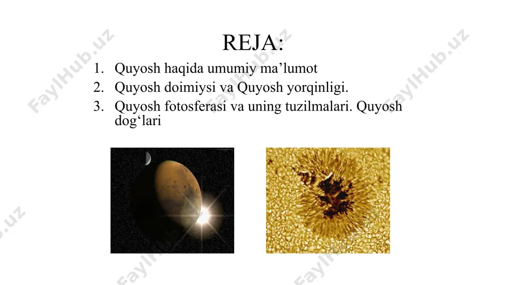 ga 1 minut davomida tushayotgan energiyaning miqdori quyosh doimiysi deb ataladi. quyoshdan yuzaga kelayotgan uning energiyasi miqdori olimlar tomonidan sinchiklab o‘rganilganda uning qiymati — yoki xalqaro birlikda () ekanligi ma’lum bo‘ldi. bu asosda topilgan quyoshning to‘la nurlanish energiyasi, ya’ni uning yorqinligini quyidagicha topish mumkin bo‘lib, u l0 = 4 · 1026 wt ga teng chiqadi. buning uchun quyosh doimiysini (), radiusi 1 a.b. bo‘lgan sferaning yuzasiga ko‘paytirilishi zarur bo‘ladi. bunda quyosh energiyasi, katta quvvatli krasnoyarsk gesning energiyasidan (6 · 106 kwt) 6,67 · 1016 marta ko‘p ekanligi ma’lum bo‘ladi. quyosh fotosferasi va uning tuzilmalari. quyosh dog‘lari asosan ko‘zning ko‘rish chegarasida yotuvchi to‘lqin uzunligidagi nurlarni chiqaruvchi quyosh atmosferasining ostki qatlami fotosfera deb ataladi. fotosfera teleskoplar yordamida kuzatilganda, u oddiy ko‘z bilan kuzatiladigan bir tekis ravshanlikka ega gardishdan katta farq qiladi. stratosferada maxsus teleskop yordamida olingan quyosh tasvirida ko‘zga yaqqol tashlanadigan narsa uning sirtidagi asalari uyasini eslatuvchi donadorlikdir. bunday donadorlik strukturasi fanda …
