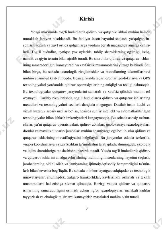 ududlarda yozda issiq, namlik va og‘ir terrainlar qidiruv va qutqaruv ishlariga qo‘shimcha qiyinchiliklar keltiradi. shu sababli, strategiyalar avvalo, qidiruv zonasini aniqlash va tasniflashni o‘z ichiga oladi. bu jarayonda radar va geolokatsiya texnologiyalari yordamida yo‘qolgan insonlarni aniqlash, dronlar yordamida keng qamrovli qidiruv olib borish va navigatsiya uchun gps texnologiyalaridan foydalanish muhim ahamiyatga ega. bundan tashqari, qutqaruv ishlarida maxsus tayyorlangan jamoalar va texnik vositalar bilan ta’minlangan bo‘lishi kerak, chunki og‘ir terrain va issiq sharoitlar texnik muammolarni keltirib chiqarishi mumkin. ii. texnologiyalar va zamonaviy usullar bilan qidiruv metodlari texnologiyalar va zamonaviy usullar bilan qidiruv metodlari togʻli hududlarda yozgi qidiruv va qutqaruv ishlarining samaradorligini oshirishda muhim rol oʻynaydi. bu metodlar nafaqat qidiruv jarayonini tezlashtirish, balki uning aniqligini ham ta’minlashga xizmat qiladi. togʻli hududlarda qidiruv va qutqaruv ishlarida texnologik yondashuvlar va zamonaviy usullar yordamida qidiruv operatsiyalarini yanada samarali qilish mumkin. birinchi navbatda, radar texnologiyalari qidiruv jarayonida muhim oʻrin tutadi. radarlar yordamida keng hududlarni avtomatik tarzda …