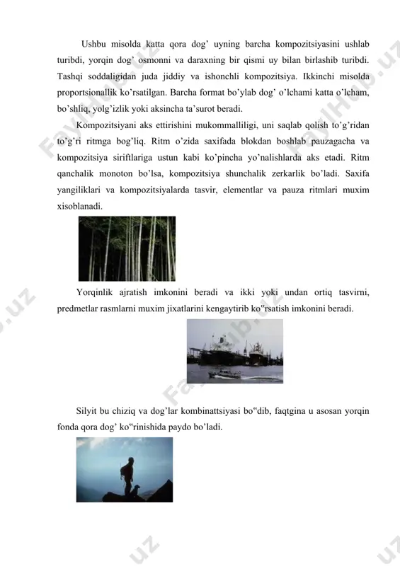 iqqat soxalari – bu umumiy tasvir ramkasi. saytda – bu odatda yoki aloxida saxifa, yoki bir nechta qadamlarga bo‟lingan (aloxida saxifa) umumiy sayt mavzusi. muxim axborotni albatta takrorlash kerak, faqat boshqa ko’rinishda. aynan shu yerda ikkilamchi (yopiq) kompazitsion aloqalar va aylanma qo’shiladi. rangli yoki mantiqiy aksient diqqatni aktivlashtrish vositasi bo’lib xizmat qiladi, pauza yoki ikkilamchi elemntlar tormozlovchi yoki tinchlantiruvchi diqqat vositasi xisoblanadi. turli xil bosqichlarda to’liq aks etirish jarayoni to’liq aktiv yoki passiv bo’lishi mumkin, faqat u barchasi teng piklar va pauzalardan iborat bo’ladi. juda har teng taqsimlangan bunday piklar aks etirish jarayonida bir turga olib keladi. eng muximi barcha jarayonda asosiylarni belgilab ko’rsatish kerak. foydalaniladigan adabiyotlar ro‘yxati: 1. kenneth c.loudon, jane p.loudon. management information systems. new york, 2016. page 669. 2. s.s.gulomov, b.a.begalov. informatika va axborot texnologiyalari. darslik.-t.: “fan”. 2010.- 628 bet. 3. informatsionnie texnologii v ekonomike i upravlenii: uchebnik /pod red. prof. v.v. trofimova. 2-e izd., pererab. i …