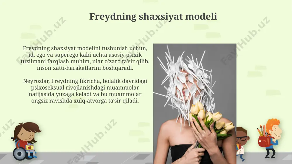 a, ya'ni libido ning ma'lum bir bosqichda "birikib qolishi", keyinchalik nevrozlar yoki boshqa psixologik muammolarni keltirib chiqarishi mumkin. freydning psixoseksual rivojlanish nazariyasi 5 ta bosqichdan iborat bo'lib, har bir bosqich libido ning ma'lum bir tanasozlik zonasiga yo'naltirilishi bilan tavsiflanadi. ongsiz ong va uning roli ongsiz ong, freyd nazariyasiga ko'ra, shaxsiyatning 3 qismidan biri bo'lib, uning tarkibiga bostirilgan xotiralar, istaklar va impulslar kiradi, ular ongga kirishga harakat qiladi. ongsiz ongdagi konfliktlar, freydning fikricha, nevrozlarning 50% dan ortig'iga sabab bo'ladi va psixoterapiya yordamida hal qilinishi mumkin. karl yung va analitik psixologiya yung analitik psixologiyaning asosiy tamoyillaridan biri – ongsizning ikki turi: shaxsiy ongsiz va kollektiv ongsiz bo'lib, unda arxetiplar – 12 ta universal va tug'ma psixik obrazlar mavjud. yung inson rivojlanishida libido tushunchasini shaxsiy energiya sifatida qaragan, bu esa freudning faqat seksual energiya sifatida talqinidan farq qiladi va 4 ta psixologik funksiyani – fikrlash, his qilish, sezish va intuitivni ajratib ko'rsatgan. e'tiboringiz …