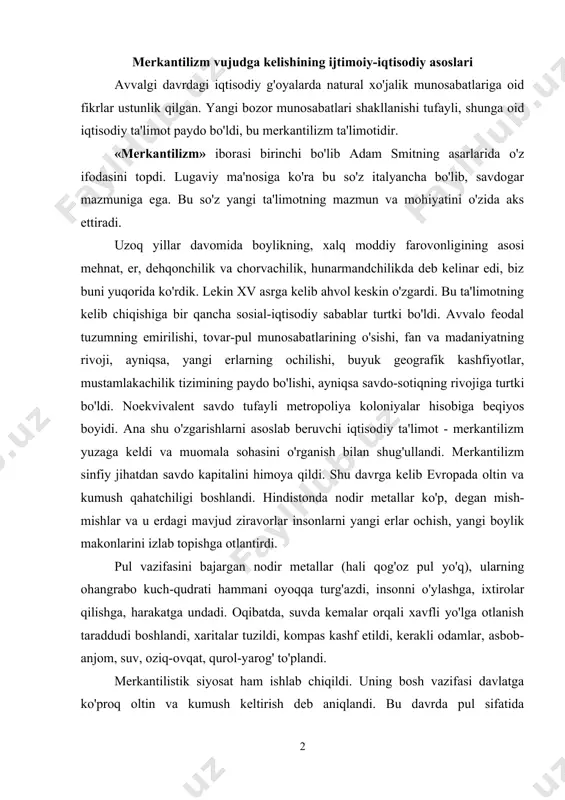 rolar qilishga, harakatga undadi. oqibatda, suvda kemalar orqali xavfli yo'lga otlanish taraddudi boshlandi, xaritalar tuzildi, kompas kashf etildi, kerakli odamlar, asbob-anjom, suv, oziq-ovqat, qurol-yarog' to'plandi. merkantilistik siyosat ham ishlab chiqildi. uning bosh vazifasi davlatga ko'proq oltin va kumush keltirish deb aniqlandi. bu davrda pul sifatida qimmatbaho metallar - oltin va kumush ishlatilgan, shu sababli oltin va kumush zahiralarini ko'paytirish borasida ma'lum iqtisodiy siyosatlar ishlab chiqarildi. 1492 yilda portugaliyalik xristofor kolumb uchta kemasi bilan tasodif tufayli amerika qit'asini ochdi (u o'zini hindistondaman deb o'ylagan, shuning uchun qit'a nomi boshqa dengizchi - amerigo vespuchchiga nasib etdi, tarixning bu xatosini to'g'rilash uchun bu qit'adagi bir davlatga kolumbiya nomi berildi). ammo amerika ko'pchilik o'ylaganidek oltin-kumushga unchalik boy emas ekan. hindistonni qidirish yana davom etdi va 1498 yilda vasko da gama tomonidan ko'pchilik intizorlik bilan kutgan bu diyorga yo'l ochildi. boshqa dengizchi magellanning butun dunyo bo'ylab qilgan sayohati tufayli yangi er, orollar kashf etildi, ular …