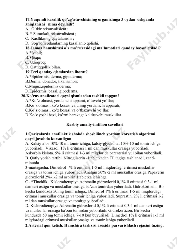 ml dan teri ostiga va muskullar orasiga ba’zan tomirdan yuboriladi. gidrokortizon. bir kecha kunduzda 50 mg tomir ichiga,. dimedrol 1% li eritmasi 1-5 ml miqdordagi eritmasi muskullar orasiga va tomir ichiga yuboriladi. suprastin. 2% li eritmasi 1-2 ml dan muskullar orasiga va tomirga yuboriladi. d. kislorodterapiya adrenalin gidroxlorid 0,1% li eritmasi 0,3-1 ml dan teri ostiga va muskullar orasiga ba’zan tomirdan yuboriladi. gidrokortizon. bir kecha kunduzda 50 mg tomir ichiga, 7-10 kun buyuriladi. dimedrol 1% li eritmasi 1-5 ml miqdordagi eritmasi muskullar orasiga va tomir ichiga yuboriladi. 2.arterial qon ketish. hamshira tashxisi asosida parvarishlash rejasini tuzing. 3.dori moddasini vena ichiga yuborish texnikasini ketma- ketlik algoritmito`g`ri ko`rsatilgan qatorni ko`rsating. 1.bemorga yuboriladigan dorini yaroliligini ko`zdan kechiramiz 2.bemor venasini aniqlaymiz 3.dori moddasini shiprisga tortib olamiz 4.dori moddasini yuborilish usulini reseptdan yaxshilab oqiymiz 5.venaga parallel holda igna sanchib shiprisni orqaga tortamiz,qon kelsa dorini yuboramiz.6.qo`llarni zarasizlantiramiz va qulqop kiyamiz 7.ineksiya qilinadigan sohani 2 ta paxta …