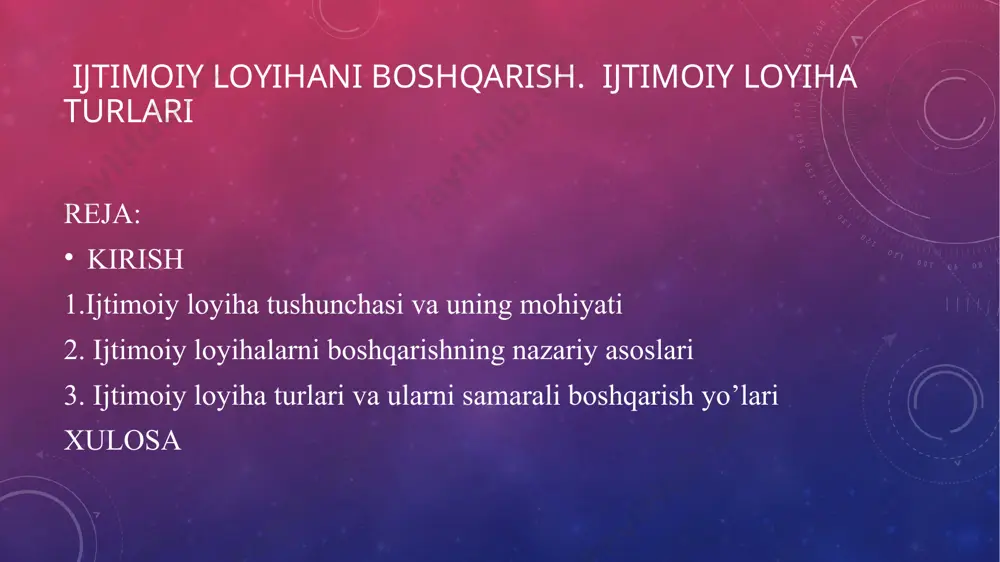 ng turmush sharoitini yaxshilash bilan bog'liq maqsadlarni qo'ydilar, bunda asosiy foyda oluvchilar shaxslar hisoblanadi. maqsad loyihani vaqt o'tishi bilan davom ettirishdir. resurslar va rejalashtirish evolyutsiyasi bo'yicha batafsil monitoringni amalga oshiradilar. muddatlar, resurslar va ish marshrutlarini kuzatish uchun optimallashtirilgan modelga javob beradi. improvizatsiyadan qochish va shu tariqa resurslar, byudjet va vaqtni optimallashtirish uchun bashorat qilish usullarini o'rnatadilar. har qanday kutilmagan vaziyatlarni hisobga olgan holda moslashuvchan. loyihalar turli xil mas'uliyat yuklari bilan muayyan rollarni bajaradigan odamlar bor. ijtimoiy loyihalar xizmat ko'rsatilayotgan ijtimoiy sohaga qarab farq qilishi mumkin. bunga asoslanib, quyidagilar mavjud: ijtimoiy xizmat loyihalari: muhtoj guruhga darhol yordam berishga qaratilgan. ular xaotik vaziyatga (tsunami yoki zilzila paytida yordam berish) yoki noqulay vaziyatga (gender zo'ravonligi) reaktsiya sifatida ishga tushiriladi. ularning asosiy afzalligi zudlikdir, ammo ular ildiz o'rniga muammoning alomatlariga murojaat qilishlari mumkin ijtimoiy ta'lim loyihalari: bular jamiyatni o'qitish va o'qitishga qaratilgan. ular, masalan, yosh jamoa etakchilari uchun kasbiy seminarlar yoki o'quv dasturlari sifatida …