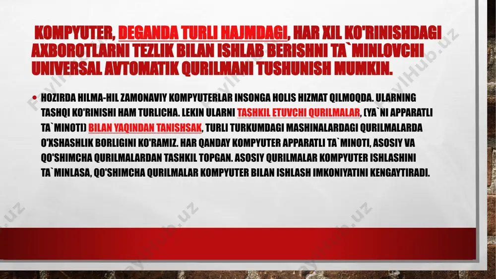 sosiy tizimi) mavjud. bunday xotiradan ma’lumotlarni faqat o'qish mumkin. shuning uchun ham u rom (read only memory-faqat o'qish uchun) deb ataladi. ibm pc kompyuterlarda bu xotira kompyuter jihozlarini ishlashini tekshirish, operatsion tizimini boshlang'ich yuklanishini ta’minlash, qurilmalarga xizmat ko'rsatishning asosiy funktsiyalarini bajarish uchun ishlatiladi. kesh xotira. videoxotira kesh xotira. kesh xotira kompyuter ishlash tezligini oshirish uchun ishlatiladi. u tezkor xotira va mikroprossesor orasida joylashgan bo'lib, uning yordamida amallar bajarish tezkor xotira orqali bajariladigan amallardan ancha tez bajariladi. videoxotira. videoxotira monitor ekraniga video ma’lumotlarni (videotasvirlarni) saqlab turish uchun ishlatiladi. shina shina. kompyuterda har bir qurilmaning ishini boshqaruvchi elektron sxemalar mavjud bo'lib, ular adapteriar (moslovchilar) deb ataladi. barcha adapteriar mikroprossesor va xotira orqali berilganlarni ayirboshlovchi magistral yo'l deb ataluvchi shinalar orqali bog'langan bo'ladi. shunday qilib, oddiy so'z bilan aytsak, shinalar turli qurilmalarni bog'lovchi maxsus simlardir. tizim platasi tizim platasi kompyuterning asosiy platasi hisoblanib, unga bios, mikroprossesor, tezkor xotira, kesh xotira, shinalar joylashtirilgan bo'ladi. …