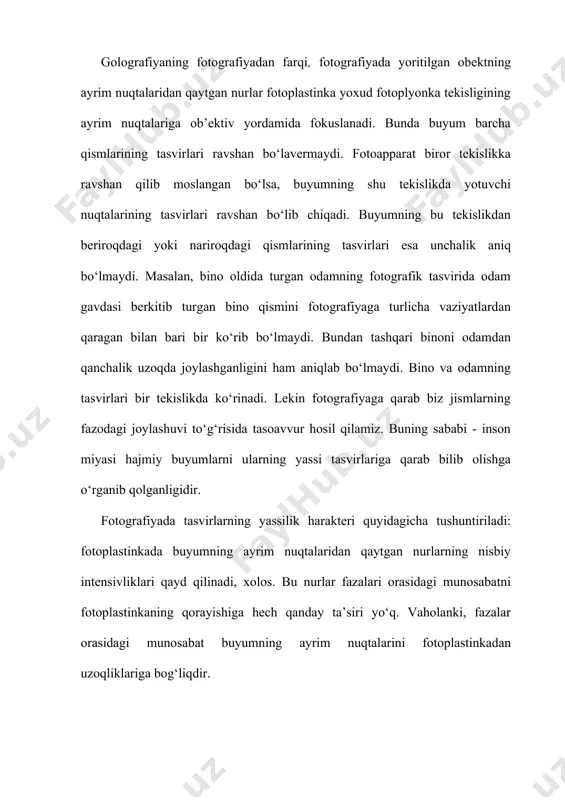 usullari bilan yorug‘likni diffuz sochuvchi obektlarni, masalan, metall konstruksiyalarning korroziya bilan qoplanishini beton balkalari, avtomabil pokrishkalari va shunga o‘xshashlarni tekshirishga imkon berdi. agar bunday obektning deformatsiyasini o‘rganish lozim bo‘lsa, u holda gologramma yordamida uning uch o‘lchamli tasviri hosil qilinadi va bu tasvir obekt bilan qo‘shiladi. bunda obekt va gologrammani, gologramma olish vaqtida qo‘llanilgani singari, yorug‘lik bilan yoritiladi. endi tasvirning yorug‘lik bilan jismdan qaytgan yorug‘lik interferensiyalanadi, chunki ular kogerentdir (3.28-rasm). agar obekt o‘z shaklini bir oz o‘zgartirgan bo‘lsa, u holda golografik tasvir bilan obektdan qaytgan nurlar orasida yo‘l farqi yuzaga keladi, natijada obekt shaklining o‘zgarishini xarakterlovchi interferensiya polosalari paydo bo‘ladi. golografik interferensiyani kuzatishning boshqa usuli ham mavjud. fotoplastinkaga jismning turli ikki holatdagi ikki gologrammasi ketma-ket «yoziladi». «qo‘shaloq» gologrammani yoritishda tiklangan tasvirlarning to‘lqinlari interferensiyalanadi va jism sirtida xuddi birinchi holdagidek, obekt holati o‘zgarishini harakterlovchi manzara hosil bo‘ladi. tovush to‘lqinlari yordamida ham gologrammalar olish mumkin. kogerent tovush to‘lqinlari ilgaridan ma’lum, ultratovush yordamida juda …