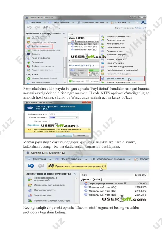 amalga oshiramiz. ushbu tamoyil barcha tizim versiyalari uchun bir xil! o'rnatishni boshlaganingizda va windows-ni o'rnatmoqchi bo'lgan qattiq diskni tanlashingiz kerak bo'lgan bosqichga kelganingizda, formatlash uchun c diskini tanlang. biz c: / diskini sichqonchaning chap tugmasi bilan bir marta bosamiz va shu bilan uni ta'kidlaymiz. keyin elementni bosing: "diskni o'rnatish" - "format". barcha ma'lumotlar, shu jumladan viruslar, agar ular mavjud bo'lsa, o'chiriladi. acronis disk director yordamida c:/ drayverini formatlash endi biz uchinchi tomon dasturlari yordamida diskni qanday formatlashni aniqlaymiz. buning uchun mo'ljallangan ko'plab maxsus dasturlar mavjud, lekin men acronis disk director-ni afzal ko'raman, chunki u har jihatdan intuitiv va qulay. aynan shu yordam dasturi yordamida men qattiq diskni yoki uning bo'limini qanday formatlash mumkinligi haqida misol keltiraman. ishlash uchun siz yuklab olishingiz kerak acronisdiskdirektor yuklashiso- siz unga shunday kirasiz qidiruv tizimlari ushbu dasturni yuklab olish uchun. shundan so'ng siz ushbu tasvirni cd yoki dvd-ga yozishingiz kerak. diskingizda boshqa acronis mahsulotlari bo'lishi …