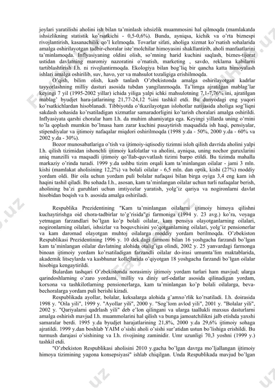 i.h. vazifalarini bajarishni davlat o’z zimmasiga oladi. "i.h." tushunchasi birinchi marta 1935 y.da aqshning "ijtimoiy xavfsizlik bo’yicha qonun" ida qo’llanilgan, keyinchalik xalqaro mehnat tashkiloti konvensiyalarida bu tushuncha mazmuni mukammallashtirilgan. aqsh, kanada, shveysariya kabi mamlakatlarda i.h. ning ko’pgina muammolari hal etilgan, lekin yechimini topmagan muammolari ham juda ko’p. shunga qaramay, bu mamlakatlar tajribalaridan foydalanish ahamiyatlidir. turli mamlakatlarda aholini i.h. tizimi mamlakatning iqtisodiy taraqqiyot darajasi, demokratik taraqqiyot va uning aholi manfaatiga muvofikligi, ijtimoiy siyosat darajasi, ijtimoiy ta’minot tizimi kabi omillarga bog’liq holda amal qiladi. o’zbekistonda id. tizimi 20-asrning 20-y.laridan boshlab shakllana boshladi. 90-y.larga kelib, bozor iqtiso-diyotiga o’tish asosida amaldagi islohotlarga mos ravishda yangidan shakllandi. ayniqsa, milliylik, o’zlikni anglash, e’tiqod va an’analarning tiklanishi i.h. tizimiga muhim yangilik bo’lib qo’shildi. o’zbekistonda aholini i.h. qilish iqtisodiy islohotlar dasturidagi uz-luksiz ustuvor yo’nalishlardan biriga, ya’ni islohotlarning hamma bosqichlarida ustuvor hisoblanadigan va-zifalar qatoriga kiradi. mamlakatda ijtimoiy yo’naltirilgan bozor iqtisodiyoti barpo qilishda davlat tomonidan kuchli i.h- siyosati olib borilmoqda. …
