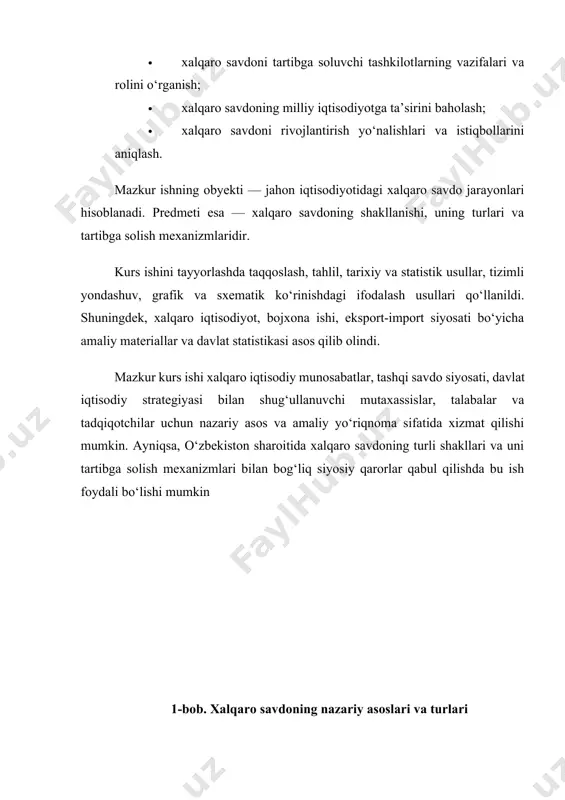 i. savdo jarayoni mamlakatlarga o‘z ehtiyojlariga mos mahsulotlarni olish, eksport orqali iqtisodiy o‘sishga erishish va global bozorning bir qismiga aylanish imkonini beradi. xalqaro savdoning mohiyati xalqaro savdo – turli davlatlar o‘rtasida tovar va xizmatlarning almashinuvi jarayoni. u iqtisodiy o‘sish, innovatsiyalar va texnologik rivojlanishning muhim omillaridan biri hisoblanadi. savdo jarayoni turli omillar, jumladan, tabiiy resurslar, ishchi kuchi, ishlab chiqarish imkoniyatlari va logistika tizimiga bog‘liq. xalqaro savdoning turlari xalqaro savdo quyidagi asosiy turlarga bo‘linadi: eksport – mamlakatda ishlab chiqarilgan mahsulotlarni chet elga sotish. import – boshqa davlatlarda ishlab chiqarilgan mahsulotlarni sotib olish. re-eksport – oldin import qilingan mahsulotlarni qayta sotish. erkin savdo – davlatlar orasida bojxona to‘lovlari va cheklovlarsiz amalga oshiriladigan savdo. xalqaro savdoning afzalliklari xalqaro savdo quyidagi afzalliklarga ega: mahsulotlarning xilma-xilligi ortadi. raqobat kuchayadi va mahsulot sifati oshadi. texnologik taraqqiyot jadallashadi. davlatlar o‘z iqtisodiy ustunliklariga e’tibor qaratadi. xalqaro savdoni tartibga soluvchi tashkilotlar xalqaro savdoni quyidagi tashkilotlar tartibga soladi: jahon savdo tashkiloti …