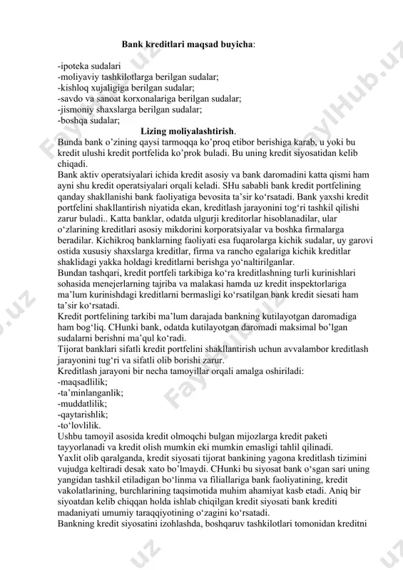 imini vujudga keltiradi desak xato bo’lmaydi. chunki bu siyosat bank o‘sgan sari uning yangidan tashkil etiladigan bo‘linma va filiallariga bank faoliyatining, kredit vakolatlarining, burchlarining taqsimotida muhim ahamiyat kasb etadi. aniq bir siyoatdan kelib chiqqan holda ishlab chiqilgan kredit siyosati bank krediti madaniyati umumiy taraqqiyotining o‘zagini ko‘rsatadi. bankning kredit siyosatini izohlashda, boshqaruv tashkilotlari tomonidan kreditni foydaliligini ta’minlashda eng asosiy shartlardan biri bu belgilangan standartlarga rioya qilishdan iborat buladi. kredit siyosatini to’g‘ri tashkil qilish, bankning kredit portfelini tartibli tashkil qilinganligida o‘z aksini topadi. agarda kredit siyosati samarali, to’g‘ri tashkil qilinmasa yoki amalga oshirilmasa, rahbariyat tomonidan bu siyosat qayta ko‘rib chiqilishi va uni tartiblashtirish buyicha chora tadbirlar ishlab chiqilishi shart. bunda asosiy jihatlar bo’lib quyidagilar hisoblanadi: 1.kredit portfelini tashkil etishda yaxshi kredit portfeli xususiyatlarini kreditning turlarini, qaytarish muddati, hajmi va sifatini aniq baholash zarur. 2.kredit berish sohasida, kreditlash bo’yicha vakolatlarni izohlash, vakolatni kredit inspektorlari va kredit qo’mitasi o’rtasida taqsimlab berish (maksimal kredit mablag‘i …