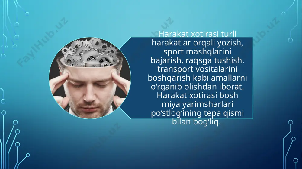 langan materiallar esa esdan chiqarib yuborilaveradi. ish tugatilgach ko`pincha barcha informatsiyalar esdan chiqarib yuboriladi. shu sababli xotiraning bu turini "ishchi" xotira ham deb yuritiladi. xotira gigiyenasi. ta’sir izining saqlanish muddatiga binoan xotira qisqa va uzoq muddatli bo'ladi. uzoq muddatli xotirada ta’sir izi uzoq yillar, ba’zan umrbod saqlanib qoladi. bitta narsani qayta-qayta takrorlash, reja, sxema va jadvallardan foydalanish, konspekt va referat tuzish, laboratoriya hamda amaliy mashg'ulotlarni mustaqil bajarish esda saqlab qolishga yordam beradi, xotirani yaxshilaydi. assosiativ nazariyaning asosiy tushunchasi assosiatsiya tushunchasidir. assosiatsiya - aloqa bog`lanish degan ma`noni bildiradi va hamma psixik hodisalarni tushuntiruvchi universal mexanizm sifatida qaraladi. ularning fikricha, agar ma`lum psixik hodisalar inson ongida ayni bir vaqtning o`zida bir-biridan ketma-ket hosil bo`lgan bo`lsa, ular o`rtasida assosiativ aloqa hosil bo`ladi. agar shu assosiativ aloqaning biron-bir elementi qayta ta`sir qilsa yoki qayta nomoyon bo`lsa, ongimizda assosiativ aloqaning barcha elementlarini qayta tiklashga olib keladi. ilgari idrok qilingan narsalarning esimizga tushgan obrazlari tasavvur deb …