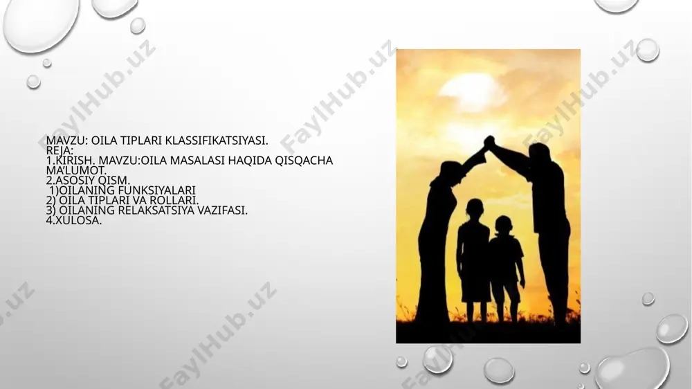 funksiyasi deb yuritiladi. 2.asosiy qism. 1-reja 1)oilaning funksiyalari. “oila psixologiyasi” kitobida hozirgi zamon oilasining asosiy funksiyalari qatorida quydagilarni sanab o‘tadi. 1.iqtisodiy. 2.reproduktiv. 3.tarbiyaviy. 4.kommunikativ. 5.regulyativ. 6.relaksatsiya 7.feliotsitologik. 1.oilaning iqtisodiy funksiyasi: eng asosiy funksiyalardan biri hisoblanadi. oila iqtisod budjet daromadni rejali saralash, kundalik xarajatga zarur buyumlarga pul ajratish bir necha yildan so‘ng olinadigan narsalarga mablag‘ yig‘ish, tejab ro‘zg‘or yuritish, er-xotinning tajriba malakaga ega bo‘lishlariga bog‘liq. shuningdek, oilada o‘sayotgan? bola ham mana shu malaka va ko‘nikmalarga ega bo‘lib borish zarurligini unitmagan holda bolaga iqtisodiy masalalarni hal etish o‘rgata borishi lozim. oila o‘zining shu funksiyasi tufayli jamiyatga, davlatga katta fonda keltirgan. 2.oilaning reproduktiv funksiyasi: jamiyatning biologik uzluksizligini ta’minlash, bolalarni dunyoga keltirish funksiyasidir. oila faqatgina yangi avlodni boshlab yashab kelayotgan ilmiy va madaniy yutuqlari bilan tanishtirish, ularning salomatligini saqlab turishdan ham iboratdir. oilaning jamiyat oldidagi reproduktiv funksiyasi va uning bajarilishi deyilganda aholi sonining qayta tiklanishi uchun har bir oilada nechta farzand bo‘lishini nazarda tutadi. …