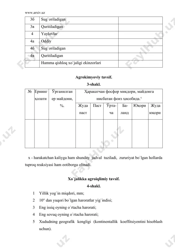 ishlar natijasiga ko`ra tuproqdagi fosfor va kaliy miqdori, tuproq reaksiyasi maolumotlari va o`rganilgan maydonga nisbatan foizlari beriladi. agroiqlimiy tavsif maxsus qo`llanmalar, to`plamlar maolumoti yoki o`sha maydondagi meteostansiyani kuzatuv natijalari asosida beriladi. miqdoriy ko`rsatkichlar katta aniqlikda, yaoni o`ndan bir daraja aniqlikda beriladi. geografik kengliklar graduslarda maomuriy xaritalar asosida 1:4 mln. masshtabdagi xarita yordamida aniqlasa bo`ladi. bu ish uchun 1:5 mln. masshtabdagi xaritalar yaroqsiz. tuproqlarning nomi tasnifdagi ro`yxat asosida beriladi, lekin mahalliy sharoitni hisobga olgan holda o`zgartirishlar kiritilishi ham mumkin. qolgan maolumotlar tuproqlarni xaritalash va ularga tuzatish kiritish ishlarida qanday bajarilsa o`shanday amalga oshiriladi. yuqoridagi maolumotlar to`plangandan so`ng tuproqlarni ekologik jihatdan baholash quyidagicha o`tkaziladi. tuproq eqologik indeksi (tei) quyidagi formula asosida hisoblanadi. q v - bir metrli qatlam uchun o`rtacha hajm massa, g/sm3. 2 - bir metrli qatlam uchun maksimal hajm massa, g/sm3. vф - tuproqni foydali hajmi. q - tuproqni hisobga olinishi zarur bo`lgan qo`shimcha xossalari. (t°>10° + 10° dan yuqori …