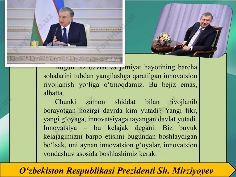 r haqiqiy holatga ko‘ra ijobiyroq, yuqoriroq bo‘ladi va u yangi o‘zgarishlar qilishga undaydi; 3. jarayon ehtiyojlari asosidagi yangiliklar. siz biron-bir jarayonni kuzatib turib, bu yerda nimadir yetishmayotganligini his etasiz. uni to‘ldirish esa yangilikning yaratilishiga olib keladi; 4. faoliyat yo‘nalishingiz yoki mahsulot bozorida ro‘y beruvchi favqulodda o‘zgarishlar; 5) bilimdagi o‘zgarishlar. sizning biron-bir mahsulot yoki jarayon to‘g‘risida yangi ma’lumotga ega bo‘lishingiz darhol uni amaliyotga joriy etishga undaydi. bu esa yangi bilim asosida yangi mahsulot yoki xizmatlarga asos solinishiga olib kelishi mumkin. image1.png image2.jpeg image3.png image4.jpeg image5.png image6.png image7.png image8.png image9.png image10.png image11.png /docprops/thumbnail.jpeg