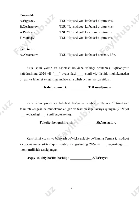 a, shu fanning yakuniy nazoratga kiritilishiga ruxsat beriladi. kurs ishini bajarishda talaba iqtisodiy siyosatga kirish fanidagi iqtisodiy munosabatlarga hamda omillarga etiborini qaratishi kerak bo’ladi. iqtisodchilar keng qamrovli bilimlarga ega bo’lishi, nazariy bilimlarni amaliy vazifalar bilan bog’lay olishi va o’zi tanlagan soha bo’yicha haqiqiy bilimga ega bo’lishi lozim. bu maqsadga erishishda talabadan o’zi ustida tinmay ishlashi, nazariy, amaliy bilimlarini doimiy ravishda boyitib borishi, ishlab chiqarish sanoati, soliq-budjet siyosati, marketing, pul-kredit siyosati, makroiqtisodiy ko’rsatgichlar va mehnat bozori munosabatlarini oqilona tashkil etish va boshqarish ko’nikmalarini chuqur o’zlashtirish talab qilinadi. kurs ishini yozish jarayonida talabaning oliy o’quv yurtida o’qishi davomida to’plagan nazariy va amaliy bilimlari yuzaga chiqadi, talabaning nazariy bilimlar bilan qurollanish darajasi, uning olgan bilimlari va ko’nikmalarini ilmiy-ishlab chiqarish vazifalarini yechishga qay darajada qo’llay olishi namoyon bo’ladi. kurs ishni bajarish talabadan oliy ta’limda olgan nazariy va amaliy bilimlardan foydalanishni talab etadi hamda talabaning o’qish davomida olgan bilimlarini umumlashtirishga, chuqurlashtirishga va mustahkamlashga, ularni amaliyotga …