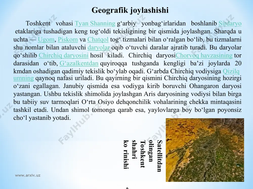 kimlari shahar hokimi tomonidan tayinlanadi va lavozimidan ozod qilinadi hamda xalq deputatlari shahar kengashi tomonidan tasdiqlanadi. shahar hokimlari: adhambek fozilbekov (1991-1998) kozim toʻlaganov (1998-2003) rustam shoabdurahmonov (2003-2005) abduqahhor toʻxtayev (2005-2011) rahmonbek usmonov (2011-yildan) www.arxiv.uz www.arxiv.uz www.arxiv.uz www.arxiv.uz etimologiyasi toshkent 2200 yildan ortiq tarixga ega. bu davr ichida u mudofaa devori bilan oʻralgan qalʼadan jahondagi yirik shaharlardan biri, oʻzbekiston respublikasining poytaxtigacha boʻlgan yoʻlni bosib oʻtdi. asrlar davomida shahar oʻzining tinch hayotidagi muhim voqealarni va suronli jangu jadallarni, yuksalish va inqiroz davrlarini boshidan kechirdi. necha bor shahar vayron boʻlib, qayta qad koʻtardi. toshkent oʻrnidan necha bor siljib, nomi xam bir necha marta oʻzgardi. xoja ahror valiy, shayx umar bogʻistoniy, abu bakr shoshiy, abu sulaymon banokatiy, hofiz koʻhakiy kabi butok allomalar shu hududda yashab, ijod etganlar. shahar sifatida toshkent haqidagi birinchi maʼlumotlar eramizdan avvalgi ii asrdagi qadimgi-sharqiy manbalarda uchraydi; xitoymanbalarida yuni deb atalgan; fors shohi shоpur i eramizdan avvalgi 262-yildagi „zardusht kaʼbasi“ qaydnomalarida …