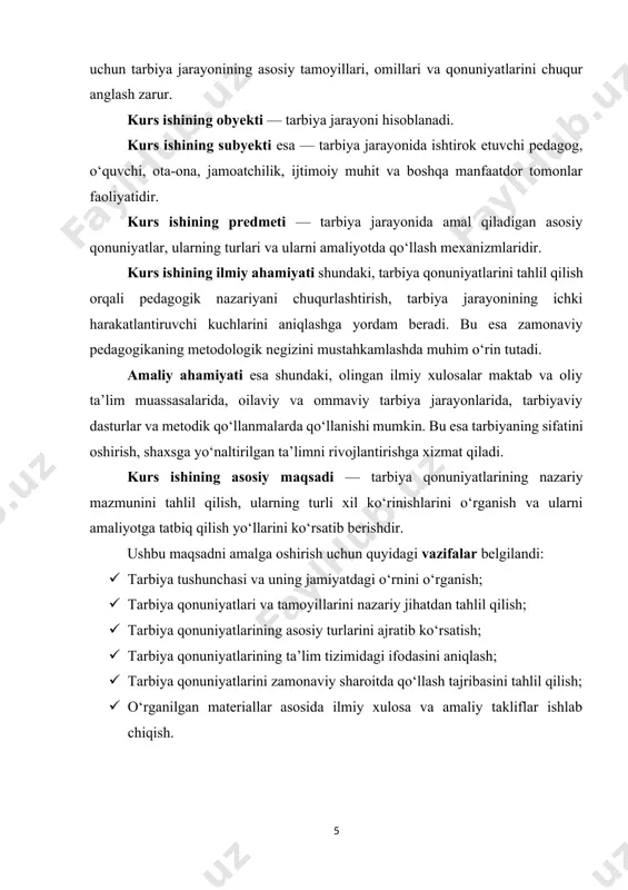 tutadi. inson shaxsi butunlay tug‘ma xususiyatlar asosida shakllanmaydi; u jamiyat, muhit va ijtimoiy faoliyat ta’sirida rivojlanadi. tarbiya ana shu ta’sirlarni maqsadga yo‘naltirilgan holda boshqaradigan ijtimoiy-pedagogik jarayondir. o‘zbekiston respublikasi prezidentining ma’naviyatga oid siyosiy qarashlari, davlat dasturlarida tarbiya masalasiga alohida urg‘u berilayotgani — bu yo‘nalishning dolzarbligini yana bir bor isbotlaydi. shuning uchun ham tarbiya tushunchasi va uning jamiyatdagi o‘rnini chuqur tahlil qilish hozirgi davrda pedagogika fani va amaliyoti uchun nihoyatda muhimdir. tarbiya tushunchasi uzoq tarixga ega bo‘lib, u turli davr va pedagogik maktablar tomonidan turlicha izohlangan. umuman olganda, tarbiya — bu shaxsda jamiyatga mos ijtimoiy fazilatlarni shakllantirishga qaratilgan maqsadli faoliyatdir. tarbiya quyidagicha ta’riflanadi: “tarbiya — bu shaxsning ongli ravishda axloqiy, estetik, intellektual, jismoniy, huquqiy va mehnatga oid jihatlarini shakllantirish va rivojlantirishga qaratilgan ijtimoiy hodisadir”[footnoteref:5]. [5: s.s. xolmuhamedov. pedagogika nazariyasi va amaliyoti, toshkent: “fan”, 2021 ] bu jarayonda inson o‘zining axloqiy qarashlari, jamiyatdagi roli, milliy va umuminsoniy qadriyatlar to‘g‘risidagi tasavvurini rivojlantiradi. shaxsning ijtimoiylashuvi …