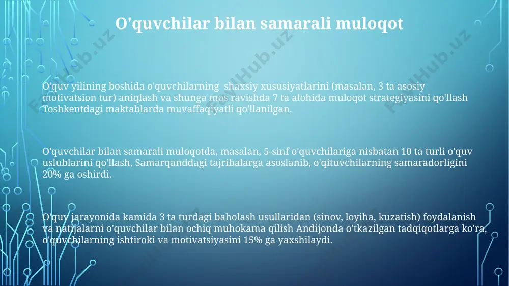 ing muhim jihati – 3 yilda kamida 2 ta xalqaro miqyosdagi konferensiyalarda ishtirok etish yoki 10 dan ortiq ilmiy maqola chop etish orqali kasbiy tajribalarini boyitishdir. masalan, aqsh yoki buyuk britaniyada o'tkazilgan konferensiyalar. samarqanddagi oliy o'quv yurtlari bilan hamkorlikda 20 dan ortiq yangi pedagogik uslublarni o'rganish va amaliyotga tatbiq etish orqali o'qituvchilar o'zlarining pedagogik mahoratini 15% ga oshirishlari mumkin. o'qituvchining o'z ustida ishlashiga kirish o'qituvchining o'z ustida ishlashini boshlash uchun 5 ta asosiy yo'nalishni aniqlash va har biri bo'yicha kamida 3 ta maqsadni qo'yish, masalan, samarqanddagi 2024 yilgi seminarlarda qatnashish orqali pedagogik mahoratini oshirish. o'z ustida ishlash jarayonida, o'qituvchi o'zining kuchli va kuchsiz tomonlarini aniqlash uchun kamida 3 ta differentsiatsiya qilingan testlardan foydalanib, kamchiliklarni bartaraf etish bo'yicha aniq reja tuzishi kerak. bunday holda, toshkentdagi ta’lim markazlaridan foydalanish foydali bo'ladi. o'qituvchilar o'z ustida ishlash uchun, xususan, onlayn platformalardan, masalan, coursera yoki edx dan foydalanib, yiliga kamida 100 soat o'quv materiallarini o'rganishi …