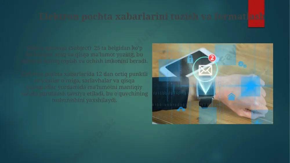 ettiruvchi sarlavhaga ega bo'lishi kerak va ularning tuzilishi muayyan formatga (salomlashish, asosiy qism, xulosa, xayrlashish) amal qilishi lozim. elektron pochta orqali muloqotda 24 soat ichida javob berish odob-axloq qoidalariga mos keladi, ammo shoshilinch holatlarda 2 soat ichida javob berish kerak. elektron pochta ro'yxatlaridan foydalanish mailing listlardan foydalanib, turli segmentlarga (masalan, mijozlar, hamkorlar) moslashtirilgan xabarlarni yuborish orqali marketing samaradorligini 20% gacha oshirish mumkin. elektron pochta ro'yxatlari orqali 1000 dan ortiq obunachiga bir vaqtning o'zida xabar yuborish imkoniyati mavjud bo'lib, bu vaqt va resurslardan tejashga yordam beradi. turli xil fayl birikmalarini yuborish turli xil fayl formatlari (jpg, docx, pdf, xlsx) elektron pochta orqali muammosiz yuborilishi mumkin, ammo qabul qiluvchining tegishli dasturlarni o'rnatganligiga ishonch hosil qiling. elektron pochta orqali 10 mb dan katta hajmdagi fayllarni yuborish uchun faylni arxivlash (zip, rar) yoki bulut xizmatlaridan foydalanish tavsiya etiladi. bu elektron pochta serverlarining hajmiy cheklashlarini chetlab o'tishga yordam beradi. spam va firibgarlik xabarlaridan himoya spam …