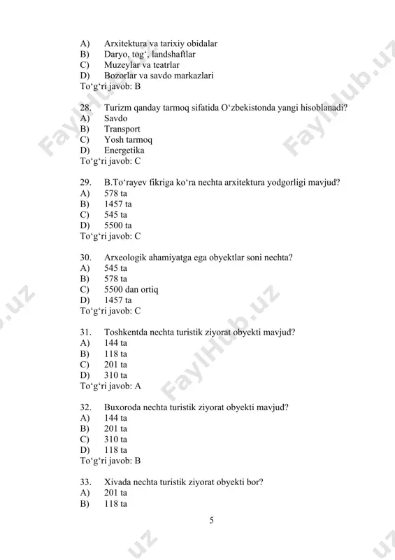 adaniyatiga d) iqlimiga javob: b 45. fanning asosiy maqsadi nima? a) turistlarni ko‘paytirish b) turistik resurslarni reklama qilish c) turistik resurslarni har tomonlama o‘rganish d) faqat tabiatni saqlash javob: c 46. turizm so‘zining negizi bo‘lgan “tour” qaysi tildan olingan? a) inglizcha b) fransuzcha c) lotincha d) nemischa javob: c 47. “tourner” va “tour” so‘zlari qaysi tilga mansub? a) lotincha b) fransuzcha c) nemischa d) inglizcha javob: b 48. tomas kuk turizm tarixida nima bilan mashhur? a) mehmonxona ochgan b) sayohat kitob yozgan c) ommaviy safar uyushtirish asoschisi d) poyezd ixtiro qilgan javob: c 49. tomas kuk birinchi safarini qachon tashkil qilgan? a) 1843-yilda b) 1811-yilda c) 1900-yilda d) 1920-yilda javob: a 50. “fremdenverkehr” atamasi qaysi tilda ishlatilgan? a) fransuz b) nemis c) lotin d) ingliz javob: b 51. mintaqaviy turizm nima? a) faqat shahar sayohati b) inson manfaatlari uchun xizmat qiluvchi faoliyat c) faqat xorijiy turizm d) sport turizmi turi …