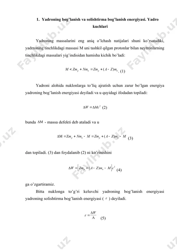 sasi. radioaktiv yemirilish turlari va zaralari yadroning o’z-o’zidan bir yoki bir nechta zarrachalar chiqarish hodisasi radioaktivlik deyiladi. shunday yadrolarni radioaktiv yadrro deb yuritiladi. radioaktiv yadrolarning o’zidan biron-bir turdagi zarralarni chiqarib, boshqa yangi yadroga aylanish jarayoni radioaktiv yemirilish deyiladi. radioaktiv yemirilishda radioaktiv yadrolarning sonining o’zgarishi (1) qonun bo’yicha o’zgaradi. ushbu ifodani radioaktiv yemirilish qonuni deb yuritiladi, bunda λ – yemirilish doimiysi. tabiatda mavjud yadrolarning radioaktivligi tabiiy radioaktivlik deyiladi. ba’zi hollarda radioaktiv yadrolar biron-bir turg’un yadrolarni zaralar bilan yoki yadrolar bilan bombardimon qilish natijasida hosil bo’ladi. bunday radioaktivlikni sun’iy radioaktivlik deyiladi. radioaktiv moddani magnit maydoniga joylashtirilsa zarralar dastasi uch qismga α- zarrachalar, β- zarrachalar, γ-zarachalarga bo’lingan. radioaktiv yemirilishlarning 5 xili uchraydi. shulardan ikki xilini ko’rib chiqimiz. 1. α-emirilish. og’ir yadrolarning o’z-o’zidan α- zarrachalar chiqarish jarayoni α- yemirilish deyiladi. u zxa z-2ua-42he4 (2) siljish qoidasiga bo’ysunadi. 2. β-emirilish. yadrolarning o’z-o’zidan elektronlarni (β) yoki protonlarni (β) chiqarishi β-emirilish deyiladi. ular zxa z+1uae- e (3) …