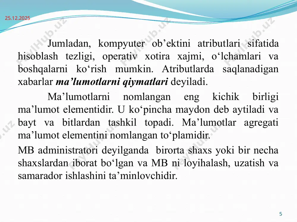 lar mb administratori mbbt til vositalari zamonaviy mbbt til vositalari tarkibiga quydagilar kiradi: ma`lumotlarni yoritish tili – ma`lumotlarni mantiqiy strukturasini yoritishga mo`ljallangan; ma`lumotlarni qayta ishlash tili – ma`lumotlar ustida asosiy kiritish, o`zgartirish va tanlash operatsiyalarini bajarilishini ta`minlash; strukturalangan so`rovlar tili (sql – structured query language). mb strukturasini boshqarish, ma`lumotlarni boshqarish va qayta ishlashni ta`minlash; namuna bo`yicha so`rovlar tili (qbe – query by example). mb uchun so`rovlarni vizual yaratishni ta`minlash. 15.03.2019 mbbt dan ikki gurux shaxslari foydalanadi: chekli yoki oddiy foydalanuvchilar; mb administratori; mb administratorini xizmat doirasiga quyidagi vazifalar kiradi: predmet soxani tahlili va foydalanuvchilar va axborotni o‘rnini aniqlash; ma’lumotlarni tuzilishini loyihalash va ularni takomillashtirish; qo‘yilgan topshiriqlar va ma’lumotl arni bir butunligini ta’minlash; mb ni yuklash va yuritish; ma’lumotlarni himoya qilish; mb ni tiklashni ta’minlab berish; mb ga murojaatlarni yig’ish va statistik qayta ishlab berish; mb ga ko‘p foydalanuvchilar rejimida ishlaganda, ma’lumotlarni o‘chib ketishidan ximoya qilish; texnik vositalar nosoz bo‘lib ishdan …