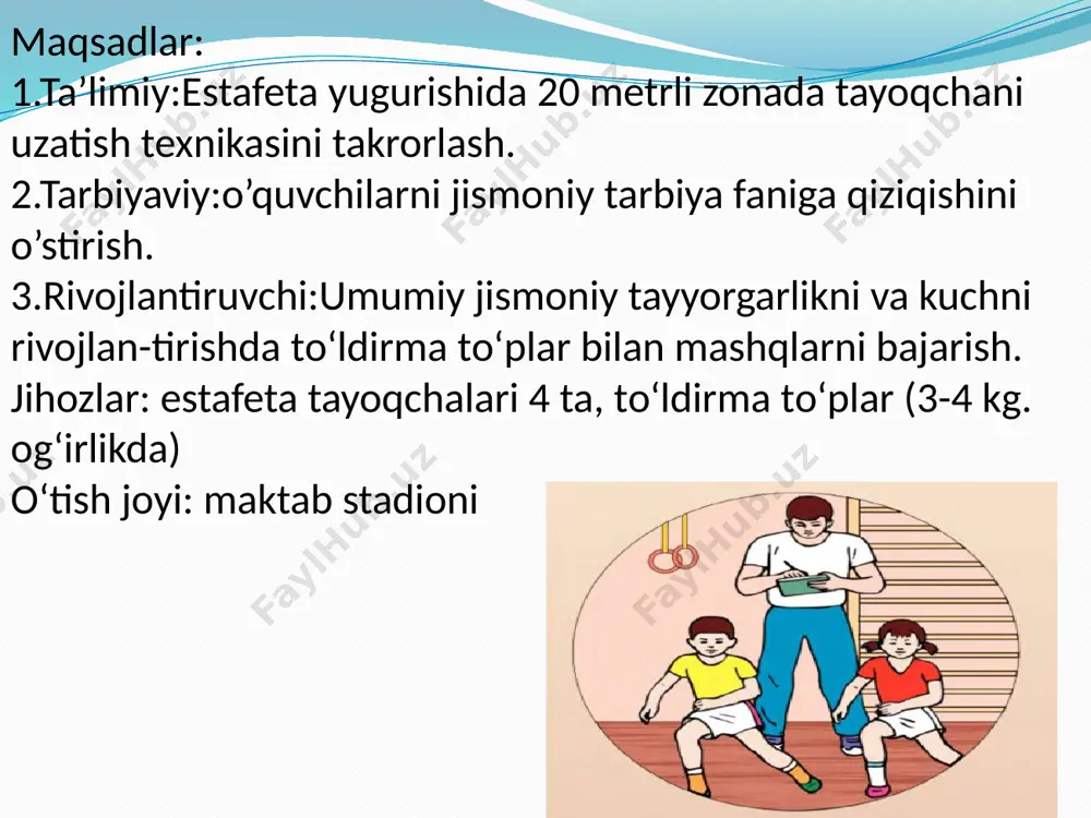 ap va o‘ng tomonlarga burilish vii.yurgan holatda keng qadam tashlab har bir qadamga egilib qo‘llarni tekkizish 4-6 marta mashqni kichik tempda bajarish viii. yurgan holatda chap oyoqni orqaga bukib, chap qo‘l bilan ushlab 1 krug sakrash. shuning o‘zi. o‘ng oyoqda 1 krug sakrash 1-2 krug iloji bori-cha uzoqroq sakrashga harakat qilish ix. d.x. qo‘llar bosh orqasida yarim o‘tirgan holatda yurish 1-2 krug gavdani to‘g‘ri tutish kerak shuning o‘zi. to‘liq o‘tirgan holatda yurish 1-2 krug gavdani to‘g‘ri tutish kerak x. d.x. qo‘llar belda to‘liq o‘tirgan xolatda oldinga sakrash -1 krug. chapga burilib yon tomon bilan sakrash, ortga burilib yon tomon bilan sakrash 1-2 krug sakrashlarn o‘rtacha tempda bajarish xi. shuning o‘zi. to‘liq o‘tirgan xolatda yurish 1-2 krug gavdani to‘g‘ri tutish kerak xii. d.x. qo‘llar belda to‘liq o‘tirgan xolatda oldinga sakrash 1 krug. chapga burilib yon tomon bilan sakrash, ortga burilib yon tomon bilan sakrash. 1-2 krug sakrashlarni o‘rtacha tempda bajarish maxsus …