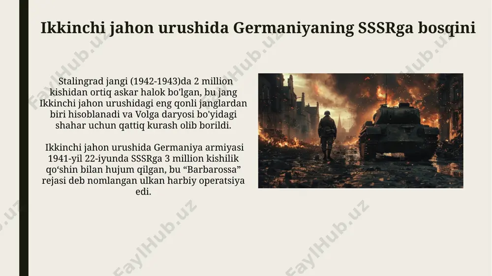 stalingrad jangidagi mag'lubiyati, aksariyat tarixchilar tomonidan ikkinchi jahon urushidagi burilish nuqtasi sifatida qaraladi va nemislarning sharqiy frontdagi strategik tashabbusini yo'qotishiga olib keldi. 6-armiyaning qurshovga olinishi va 1942 yilning noyabrida stalingrad yaqinidagi volga daryosi bo'yida 300 000 dan ortiq nemis askarining mag'lubiyatga uchrashi, sssrning fashistlar germaniyasi ustidan qozongan muhim g'alabalaridan biri bo'ldi. german qo'shinlarining stalingradga hujumi stalingrad jangi paytida, nemislar shaharni to'liq egallab olish uchun 6 hafta davom etgan qattiq janglar olib borishdi, bu yerda 2 million kishi halok bo'ldi. german qo'shinlari stalingradga 62-armiya hududiga, volga daryosi bo'ylariga, 1942-yilning avgustida kuchli havo hujumlari bilan boshlangan hujumlar orqali kirishdi. xulosa germaniya qoʻshinlari volga daryosi boʻyidagi stalingrad shahriga hujum qilishgan, ammo qizil armiya kuchli mudofaa tizimini tashkil qilib, 6 oy davom etgan qattiq janglarda nemislarni magʻlub etgan. stalingrad jangi 1942-yilning noyabrida boshlanib, 1943-yilning fevralida tugagan va 2 million kishining halok boʻlishiga olib kelgan, bu ikkinchi jahon urushining eng qonli janglaridan biri hisoblanadi. stalingrad …