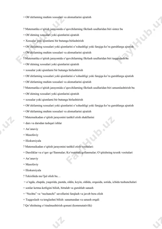 im xossalari va alomatlarini ajratish ? matematika o‘qitish jarayonida o’quvchilarning fikrlash usullaridan biri sintez bu = ob’ektning xossalari yoki qismlarini ajratish = xossalar yoki qismlarni bir butunga birlashtirish = ob’ektlarning xossalari yoki qismlarini o’xshashligi yoki farqiga ko’ra guruhlarga ajratish = ob’ektlarning muhim xossalari va alomatlarini ajratish ? matematika o‘qitish jarayonida o’quvchilarning fikrlash usullaridan biri taqqoslash bu = ob’ektning xossalari yoki qismlarini ajratish = xossalar yoki qismlarni bir butunga birlashtirish = ob’ektlarning xossalari yoki qismlarini o’xshashligi yoki farqiga ko’ra guruhlarga ajratish = ob’ektlarning muhim xossalari va alomatlarini ajratish ? matematika o‘qitish jarayonida o’quvchilarning fikrlash usullaridan biri umumlashtirish bu = ob’ektning xossalari yoki qismlarini ajratish = xossalar yoki qismlarni bir butunga birlashtirish = ob’ektlarning xossalari yoki qismlarini o’xshashligi yoki farqiga ko’ra guruhlarga ajratish = ob’ektlarning muhim xossalari va alomatlarini ajratish ? matemaikadan o‘qitish jarayonini tashkil etish shakllarini = dars va darsdan tashqari ishlar = an’anaviy = masofaviy = ekskursiyala ? matemaikadan o‘qitish …