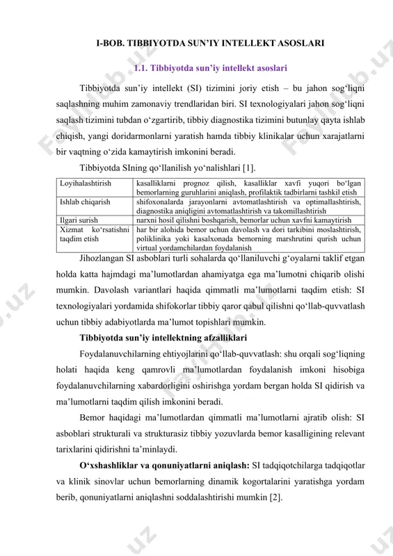 i. robotlashtirilgan jarrohlik odatda kichik yorishlar orqali bajariluvchi tartib-taomillar – kichik invaziv jarrohlik bilan bog‘liq. robotning operatsiya vaqtidagi yordami operatsiya qiluvchi shifokor qo‘llarining titrashi ta’sirini kamaytiradi hamda tasodifiy harakatlarni bartaraf etadi [5]. misol uchun, da vinci surgery system tizimi - robotlashtirilgan jarrohlik tizimlarida ishlatiladigan eng universal robot: 2017 yildan beri sog‘liqni saqlash sohasida 4 271 kishi o‘rnatildi. davinci uchta asosiy qismlar: jarroh konsoli, odam bilaklarini imitatsiya qiluvchi asboblar va ko‘zdan kechirish tizimlaridan iborat. jarroh binokulyar kameraning harakatini ta’minlovchi "bosh kontrollyorlar"ni o‘z ichiga olgan uzoq turgan konsoldan ishlaydi. bemorning yonida o‘rnatilgan telejkaga bir nechta jarrohlik asboblari biriktiriladi. jarroh ushbu asboblarni tartib-taomilni boshlashdan oldin operatsiya maydoniga joylashtiradi. jarroh konsol yonida bo‘lib turgunicha asboblarning fazoviy o‘zaro nisbatini ta’minlash uchun monitorga uch o‘lchamli jarrohlik obzori uzatiladi [6]. heartlander roboti ham katta mashhurlikka erishdi. o‘ta kichik mobil robot yurak jarrohligi uchun minimal tarzda invaziv jarrohlikni o‘tkazishni ta’minlaydi. robot yurakning butun yuzasini barqaror va mahalliylashtirilgan tekshirish, …