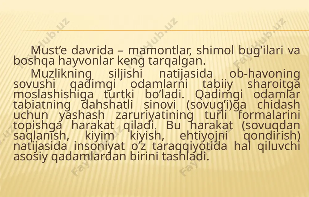 r: o’simliklardan tayyorlangan va go’shtli ovqatlar iste’mol qilgan. odamzodning tongida o’simlik oziq-ovqatlar ko’proq iste’mol qilingan bo’lsa kerak. odamlar bunday oziq-ovqatni tabiatdan tayyor shaklda olishgan. ular o’simlik ildizlarini, mevalarini, zamburug’larni iste’mol qilgan. demak, must’e o’ziga xos arxeologik bosqich bo’lib, u miloddan avvalgi 100-40 ming yilliklarni o’z ichiga olib, kishilik madaniyati rivojlanishida katta ahamiyatga ega bo’lgan. o’tgan ma’ruzada inson omil davrida olovdan foydalanganligi haqida gapirgan edik. lekin must’e davriga qadar u faqat tabiiy olovdan foydalangan. olov turli yo’llar bilan uzoq vaqt o’chirilmay saqlangan. must’e davrida odamlar yog’ochni-yog’ochga ishqalash yo’li bilan sun’iy olov hosil qilgan. xatto qirish yoki tarashlash tufayli yog’och qipig’ini hosil qilishgan, qipik ishqalanish tufayli qizib, tutagan. uning ustiga tez o’t oladigan yog’och qovuqlari tashlanib, puflash orqali yondirilgan. ammo olov hosil qilishning qadimgi usuli katta bardoshni va ko’nikmani talab etgan. olov hosil qilish mahoratini hamma ham birday egallay olmagan. hatto o’z zamonidagi ibtidoiy qabilalar ham kerak bo’lganida har safar olov hosil …