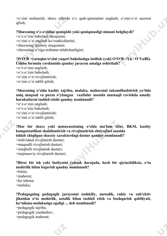 ishlab chiqilgan shaxsiy xarakterdagi dastur qanday nomlanadi? +individual rivojlanish dasturi; =maqsadli rivojlanish dasturi; =istiqbolli rivojlanish dasturi; =majmuaviy rivojlanish dasturi; ?biror bir ish yoki faoliyatni yuksak darajada, hech bir qiyinchiliksiz, oʻta mohirlik bilan bajarish qanday nomlanadi? =bilim; +mahorat; =koʻnikma; =malaka; ?pedagogning pedagogik jarayonni tashkiliy, metodik, ruhiy va sub'ektiv jihatdan oʻta mohirlik, ustalik bilan tashkil etish va boshqarish qobiliyati, koʻnikma-malakasiga egaligi ... deb nomlanadi? =pedagogik tajriba; =pedagogik yondashuv; +pedagogik mahorat; =pedagogik bilimdonlik; ?pedagogik odob; pedagogik bilimdonlik; pedagogik qobiliyat; pedagogik muloqot madaniyati; pedagogik relaksasiya; kommunikativ ta'sir koʻrsatish qobiliyati; pedagogik takt (nazokat); pedagogik texnika; nutq texnikasi; pedagogik ijodkorlik; pedagogik tajriba; pedagogik madaniyat. ular nimaning tarkibiy qismlari? =pedagogik tajriba; =kasbiy kompetentlik; +pedagogik mahorat; =pedagogik malaka; ?pedagogning oʻz oldiga oʻziga, kasbiga, jamiyatga, talabalarga va ta'lim jarayonining boshqa ishtirokchilari bilan munosabatda boʻlishiga qoʻyadigan axloqiy talablari tizimi qanday nomlanadi? =pedagogik bilimdonlik; =pedagogik obroʻ; +pedagogik odob; =pedagogik nazokat; ?pedagogik odobning asosiy shakllarini koʻrsating. =pedagogik malaka; pedagogik adolat; pedagogik empatiya; …
