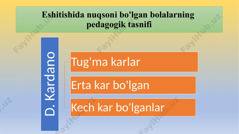 sboblar va o‘yinchoqlar, hayvonlarning qattiq hayqirishi, ayrim maishiy tovushlar: qo‘ng‘iroq, telefonning jiringlashi)ni idrok etib, farqlay oladilar. 3-4 - guruh kar bolalar tanish bo‘lgan bir nechta so‘z yoki bo‘g‘inlarni farqlay oladilar. hozirgi kunda tibbiyot muassasalarida eshituv holatini baholashda xalqaro tasnif ko‘rsatkichlaridan foydalaniladi. ushbu tasnifga ko‘ra eshituvning o‘rtacha pasayishi 500, 1000, 2000 gs chastotalarda aniqlanadi. zaif eshituvning 1-darajasi – eshituvning pasayishi 40 db dan oshmaydi. zaif eshituvning 2-darajasi – eshituvning pasayishi 40 db dan 55 db gacha bo‘ladi. zaif eshituvning 3-darajasi – eshituvning pasayishi 55 db dan 70 db gacha bo‘ladi. zaif eshituvchilikning 4-darajasi – eshituvning pasayishi70 db dan 90 dbgacha bo‘lishi bilan ifodalanadi. eshituvning pasayishi 90 dbdan o‘tib ketsa, bunday holat «karlik» deb tafsiflanadi xalqaro tasnif (1988) karlik (90db) i daraja 26-40db iii daraja 56-70db ii daraja 41-55db iv daraja 71-90db eshitish qobiliyati buzilgan bolalar uchun maktabgacha ta’lim va maktab ta’limi tizimini yaratishda, bolalarni saralash mezonlarini belgilashda, differensial ta’limni yaratishda, samarali …