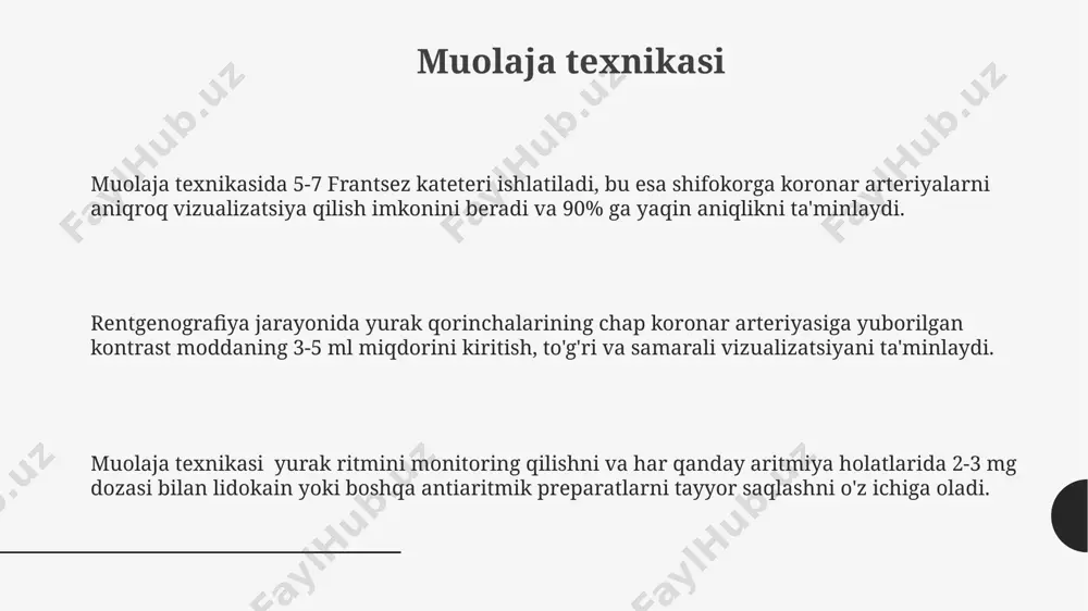 onida 5-10 ml lokal anestezik yuboriladi, keyin femoral, radial yoki brachial arteriyaga 6f-8f kateter kiritiladi. rentgen apparati yordamida kateterni koronar arteriyalarga yo'naltirish va selektiv angiografiya o'tkazish 15-20 minut davom etadi. tekshiruv davomida 20-50 ml kontrast modda yuboriladi va arteriyalar holati, torayishlar va tıkanıklıklar aniqlanadi, keyin kateter chiqariladi. ko'rsatmalar va qarshi ko'rsatmalar koronar angiografiya ko'rsatmalariga yurak og'rig'i (stenokardiya) ning 3-toifa yoki undan yuqori darajadagi, shuningdek, miokard infarktidan keyingi qoldiq o'zgarishlari kiradi. qarshi ko'rsatmalar orasida og'ir buyrak yoki jigar yetishmovchiligi, inr ko'rsatkichi 2,0 dan yuqori bo'lgan holatlar va allergiya mavjud. bemorning yoshi va birgalikda mavjud bo'lgan kasalliklar, masalan, nafas olish tizimining og'ir kasalliklari ham angiografiyani amalga oshirishga qarshi ko'rsatma bo'lishi mumkin. e'tiboringiz uchun rahmat @taqdimot_robot