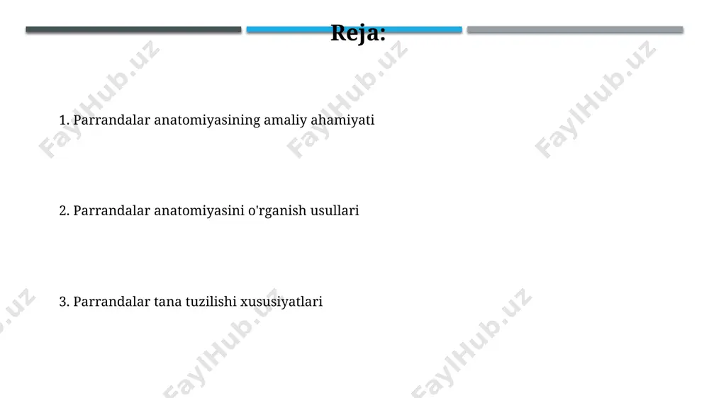 ar soni bilan daqiqasiga 200-300 marta uradi, bu esa samarqand viloyatida o'tkazilgan tadqiqotlar natijalariga ko'ra aniqlangan. parrandalar anatomiyasini o'rganishga kirish o'rganish jarayonida, qushlarning parvoz mushaklari, jumladan, pektoral mushaklarning o'rtacha og'irligi va uzunligi, 30 ta turdagi qushlar bo'yicha aniqlangan. parrandalar qanotlarining shakli va o'lchamlarini o'rganishda, aerodinamik xususiyatlarini aniqlash uchun 25 ta differentsial tenglama qo'llanildi va natijalar toshkentdagi laboratoriyada qayd etildi. e'tiboringiz uchun rahmat @taqdimot_robot image1.jpg image2.jpg image3.jpg image4.jpg image5.jpg