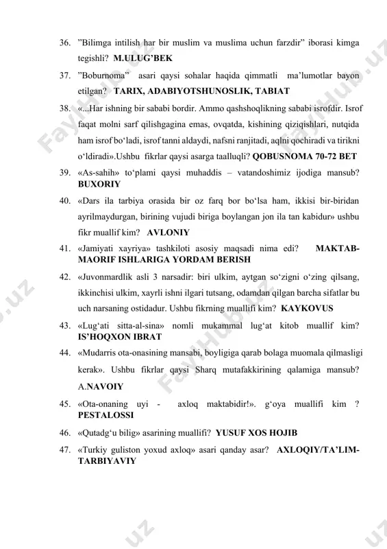 qalamiga mansub? a.navoiy 45. «ota-onaning uyi - axloq maktabidir!». g‘oya muallifi kim ? pestalossi 46. «qutadg‘u bilig» asarining muallifi? yusuf xos hojib 47. «turkiy guliston yoxud axloq» asari qanday asar? axloqiy/ta’lim-tarbiyaviy 48. «turkiy guliston yoxud axloq» asarida qanday ilm-axloq haqida fikr yuritiladi? yaxshilikka chaqiruvchi, yomonlikdan qaytaruvchi 49. 1632 yili yan amos komenskiy qaysi asarini yozgan? “buyuk didaktika” 50. 1660 yilda komenskiy qaysi davlatda maktab ochdi? vengriya 51. 1897 yildagi rossiya tomonidan o‘tkazilgan aholini ro‘yxati olishdagi yolg‘on ma’lumotlarida markaziy (o‘rta) osiyo aholisining savodxondik darajasi o‘rtacha qanday ko‘rsatilgan? tojik-99.5% savodsiz, qirg’iz-99.4% savodsiz, turkman-99.3% sav.siz, o’zb-98.4% sav.siz, qozoq-97.9% sav.siz 52. 1907 yilda a.avloniy qanday gazetalar chop etishni boshladi? shuhrat, osiyo 53. 2020 yil 23 sentabrda qabul qilingan "ta'lim to'grisida"gi qonun necha moddadan iborat 75 modda 54. jomiyning " bahoriston " asari qaysi usulda bitilgan 55. jomiyning 7 dostondan iborat devoni qaysi havt avrang 56. jomiyning fikricha: " teri yopingan olim" - bu ... …