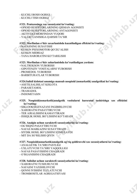 ikni ko’rsating: + rubomisin - neomisin - streptomitsin - gentamitsin # 334. o’simliklardan olingan o’samalarga qarshi qo’llaniladigan preparatlarni ko’rsating: + vinkristin - ergometrin - ergotamin - ergotoksin # 335. ftoruratsil xususiyatini ko’rsating: + blastomaga qarshi - mikozga qarshi - retrovirusga qarshi - gijjaga qarshi # 336. epilepsiyaga qarshi qo’llaniladigan preparatlarni ko’rsating: + karbamazepin - levadopa - midantan - bromokriptin # 337. epilepyik statusda qo’llaniladigan preparatlarni ko’rsating: + diazepam (sibazon) - etosuksimid - trimetin - midantan # 338. kichik tutqanoqda qo’llaniladigan preparatlarni ko’rsating: + trimetin - levadopa - midantan - sikladol # 339. mioklonus-epilepsida qo’llaniladigan preparatlarni ko’rsating: + klonazepam - midantan - sikladol - levadopa # 340. epilepsiyaga qarshi qo’llaniladigan vositalarni ta’sir mexanizmi komponentlarini belgilang: + neyronlar membranasining stabilizatsiyasi - refraktor davrining qisqarishi - neyronlararo qo'zg'zlishni yengillashishi - tormozlanish reaksiyasini pasayishi # 341. epilepsiyaga qarshi vositalarga qo’yiladigan talablarni ko’rsating: + sedativ va uyqu chaqiruvchi ta’sirining yo’qligi - ta’sir davomiyligining qisqaligi - …