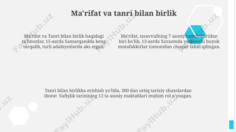 ning ta'siri sezilarli bo'lib, ko'plab jamoat va tariqatlar faoliyat olib bormoqda. sufizmning tinchlik va bag'rikenglik g'oyalari 21-asrda global terrorizm va ekstremizmga qarshi kurashda muhim rol o'ynaydi, masalan, janubiy osiyo va yaqin sharqda. tasavvufning yo'llari va tariqatlardan chishtiy tariqati esa 12-asrda hindistonning ajmer shahrida paydo bo'lib, 500 yildan ortiq davom etgan va ko'plab shogirdlarni yetishtirgan. yana bir muhim tariqat – suhravardīya, 12-asrda suhravard shahrida vujudga kelib, tasavvufning falsafiy jihatlarini 3 asosiy yo'nalishda rivojlantirgan. tasavvufning asosiy yo'llaridan biri bo'lmish naqshbandiya tariqati 14-asrda xorazmda paydo bo'lib, 8 ta asosiy qoida (usul)ga asoslangan. sufizmning asosiy tamoyillari tasavvufning asosiy tamoyillaridan biri – insonga xos boʻlgan 5 tuygʻuni tozalash orqali, haqiqatni anglash yoʻlida 3 bosqichli ruhiy sayohatni amalga oshirishga qaratilganligi hisoblanadi. sufiylik, 12 ta asosiy printsipga asoslangan boʻlib, insonning ichki dunyosi va ruhiy poklanishiga, tafakkur va zikr orqali 40 kunlik riyazatlarga alohida eʼtibor qaratadi. sufizmning asosiy tamoyillaridan biri – 7 asrdan boshlab markaziy osiyoda, jumladan buxoro …