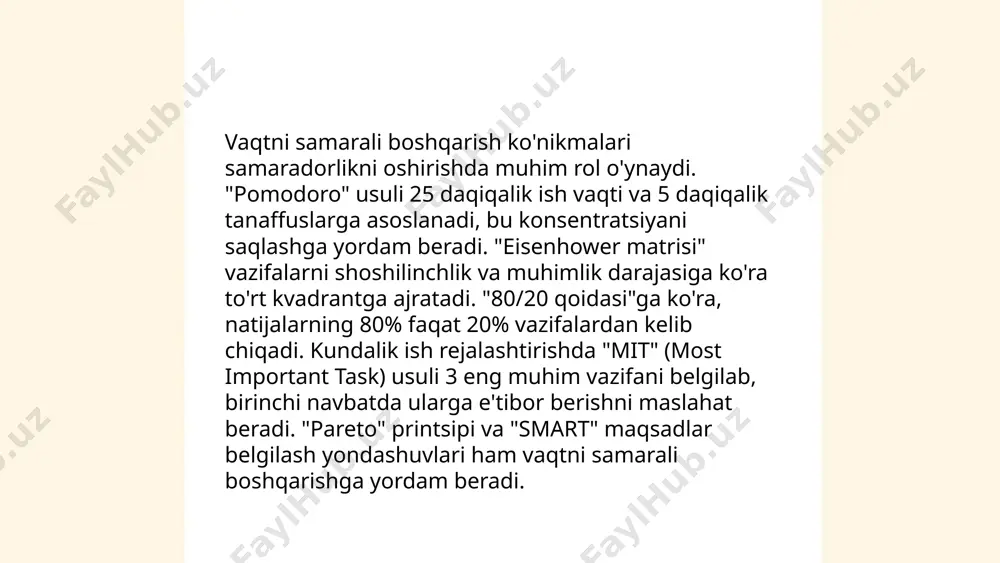 ternativ yechimlar topish imkoniyati oshadi. oxirgi usul esa doimiy ravishda fikr yuritish va fikrlarni yozib tayyorlashdir. ... t.me/slaydai_bot moslashuvchanlik va o'zgarishlarni qabul qilish hozirgi davrda muhim ko'nikma hisoblanadi. tadqiqotlar shuni ko'rsatadiki, moslashuvchan xodimlar ish joyida 20% ga ko'proq samaradorlikka ega. o'zgarishlarni qabul qilish darajasi yuqori bo'lgan tashkilotlar esa bozor ulushini 35% gacha oshirishi mumkin. moslashuvchanlikni rivojlantirishda o'rganish va qayta o'rganishga moyillik muhimdir: insonlar har 4 yilda ko'nikmalarini yangilashi zarur. jamoalarda diversity, ya'ni xilma-xillik mavjud bo'lsa, ijodkorlik 15% ga oshadi. ushbu xususiyatlar raqobatdosh ustunlikni ta'minlaydi va organizatsiyalarning o'zgaruvchan iqtisodiy sharoitlarda muvaffaqiyatli bo'lishiga hissa qo'shadi. ... t.me/slaydai_bot 10. shaxsiy rivojlanish va o'z-o'zini baholash shaxsiy rivojlanish va o'z-o'zini baholash hayotda muvaffaqiyatga erishish uchun muhim jarayon. o'z-o'zini baholash individning kuchli va zaif tomonlarini aniqlashga yordam beradi. yiliga o'rtacha 40% odamlar o'z mahoratini oshirish uchun kurslarda qatnashadi. tadqiqotlar shuni ko'rsatadiki, shaxsiy rivojlanish dasturlari 70% hollarda ish samaradorligini oshiradi. har kuni kamida 15 daqiqa bilimingizni oshirish …
