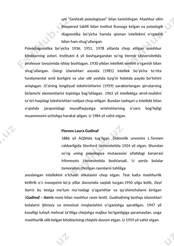 tchilar axloq tuzatuvchi maktabini psixologik laboratoriyasining direktori bo’lgan (1919–1925). gavayi univesitetida klinik psixologiya professori va psixologik klinika direktori lavozimlarida ishlagan (1922–1948). psixodiagnostika tarixiga “labirint”lar avtori sifatida kirib kelgan. uning fikricha, bunday sifatlar o’z-o’zini boshqarish qobiliyati, rejalilik, taktiklik va oldindan ko’ra olishlilikni aniqlash imkoniyatini bergan hamda ijtimoiy moslashuv jarayonida intellektga nisbatan, muhim ahamiyatga ega bo’lgan. qobiliyatlarning individual farqlanishi, porteus fikriga ko’ra, tug’ma hisoblangan. u 1972 yil vafot etgan. arnold lyusius gezell 1880 yil viskonsin shtatining kichik shaharchasida tug’ilgan. shu shtatning universitetida bakalavr darajasini olgan. klark univesitetida doktorlik dissertasiyasini tayyorlagan (1906). keyinchalik ikkinchi doktorlik darajasini tibbiyot ixtisosligi bo’yicha yel universitetida olgan (1915). turli aqsh universitetlarida o’qituvchi lavozimida ishlagan. los-anjelos pedagogika institutida faoliyat yuritgan vaqtida l.termen bilan hamkorlik qilgan. psixologik test o’tkazish bilan shug’ullangan va uning xulosasiga ko’ra, bolalarni rivojlanishini ilk yosh davrlarida aniqlash zarurligini ta’kidlagan. bu tekshirishlar unga nafaqat psixologlar orasida, balki shifokorlar va pedogoglar orasida ham katta shuhrat keltirgan. u 1961 …