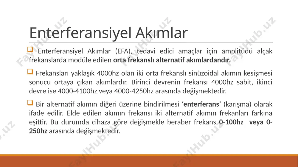 esişmesiyle yonca yaprağı şeklinde atımlı alçak frekanslı akım meydana gelir. düz ve alçak frekansı akıma gösterilen deri direnci fazla iken, yüksek frekanslarda deri direnci azalmaktadır. enterferansiyel akımlar vücut içerisinde deri direncini yenme problemi olmadan alçak frekanslı akım oluştururlar. böylelikle efa, doku deri direncini azaltarak alçak frekanslı akım etkilerinden yararlanmayı sağlar. enterferansiyel akımlar i̇ki orta frekanslı akımın çaprazlaştığı yerde oluşan alana enterferansiyel alan denir. eski cihazlarda amplitüd ve frekans modülasyonları hastanın dokusu üzerinde oluşturulurdu. yeni cihazlarda ise, efa cihazın içinde önceden modüle olur ve sonra amplitüd ve frekans modülasyonlu akım elektrotlar vasıtasıyla hastaya uygulanır. fizyolojik etkileri sinir üzerine etkileri: seçici olarak kalın miyelinli duyu liflerini (a beta lifleri) uyararak analjezik etki sağlar (kapı kontrol teorisi). kan akışı ve ödem üzerine etkileri: kas kontraksiyonu veya otonom liflerin uyarılması ile dolanımı arttırdığı düşünülmektedir. buradan dolaylı olarak ağrıyı azaltma etkisi de açıklanabilir (ağrı yapan mediatörlerin alandan uzaklaştırılması). kas üzerine etkileri: uygun akım parametrelerinde kasları …
