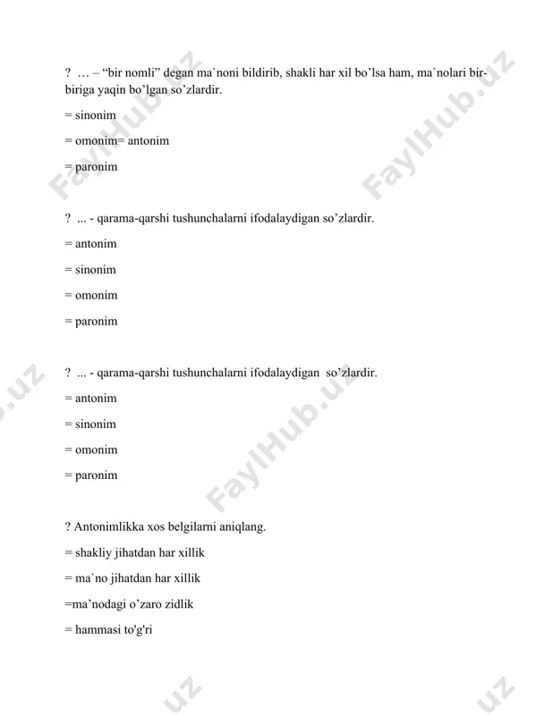 a, iste’dodim so‘nganidan qilar karomat. ? qaysi javobdagi ajratib ko‘rsatilgan so‘zda metafora usuli orqali ma’no ko‘chishi yuz bergan? = albatta, yurtimizdagi bunday o‘zgarishlarni ko‘rgan ko‘zlar xursand bo‘ladi. = har shanba «muqimiy»da «advokatlik osonmi?» dramasi qo‘yilayotgan ekan. = yanvarning o‘n beshlarida butun qishloq to‘g‘on qurishga otlanadi. = mustaqillik tufayli millatning g‘ururi, obro‘-e’tibori o‘sdi. ? qaysi javobda fe’l turkumiga oid ma’nodosh so‘zlar qatori berilgan? = chopmoq, yugurmoq, yelmoq = kelmoq, ketmoq = istak, xohish, orzu = bormoq, yurmoq, yozmoq ? qaysi javobda ot turkumiga oid ma’nodosh so‘zlar qatori berilgan? = yer, osmon = inoq, ahil = ma’no, mazmun = chopish, yugurish ? qaysi javobda sifat turkumiga oid so‘z bilan paronim bo‘la oladigan birlik berilgan? = azm = xam = ahil = xiyla ? qaysi so'zda tilning vertikal holatiga ko'ra bir guruhga mansub unlilar ishtirok etgan? = vodiy = kurash = yetuk = samo ? faqat unli va sirg'aluvchi tovushlar ishtirok etgan so'zni …